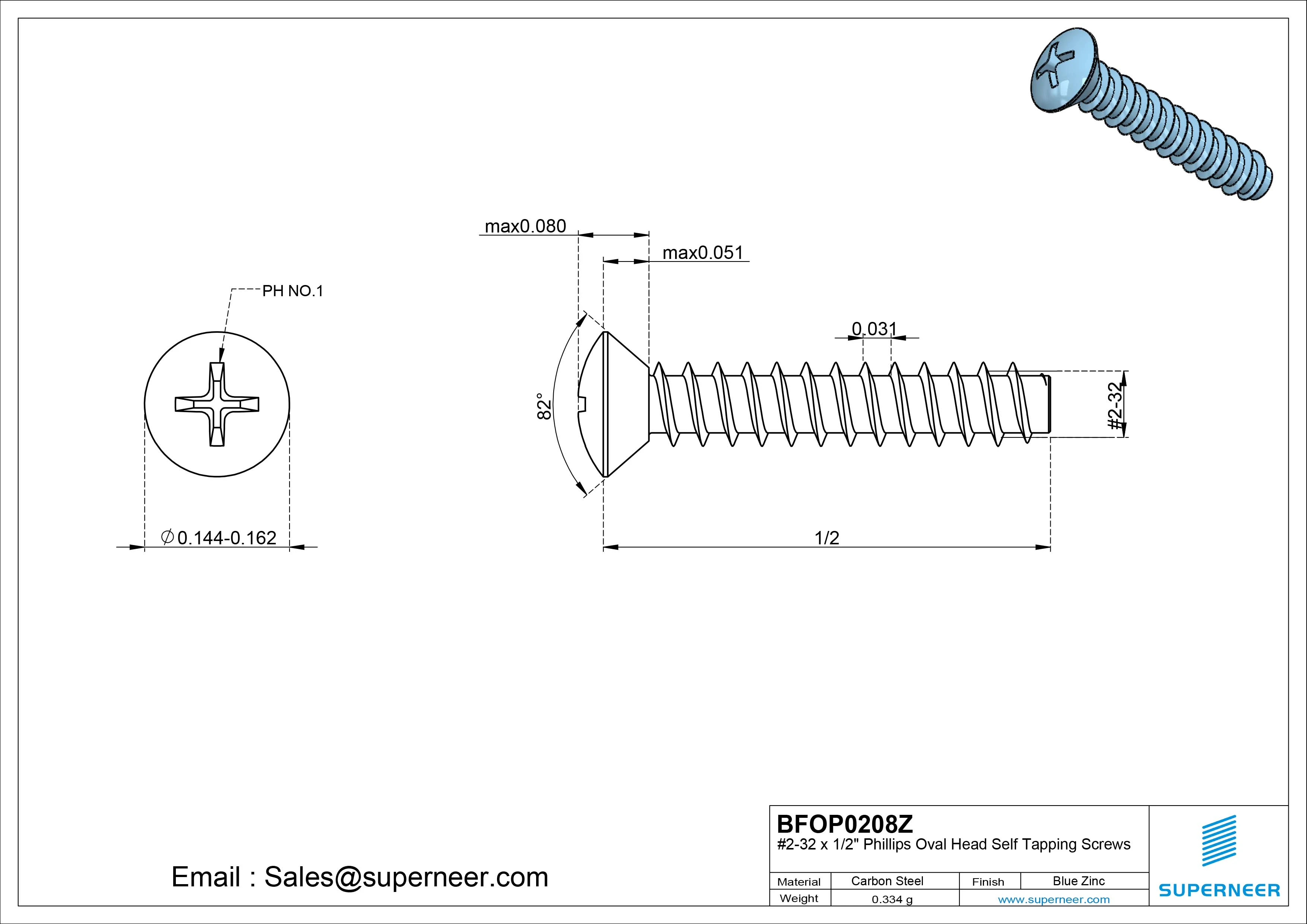 2-32 x 1/2" Phillips Oval Head Self Tapping Screws Steel Blue Zinc Plated