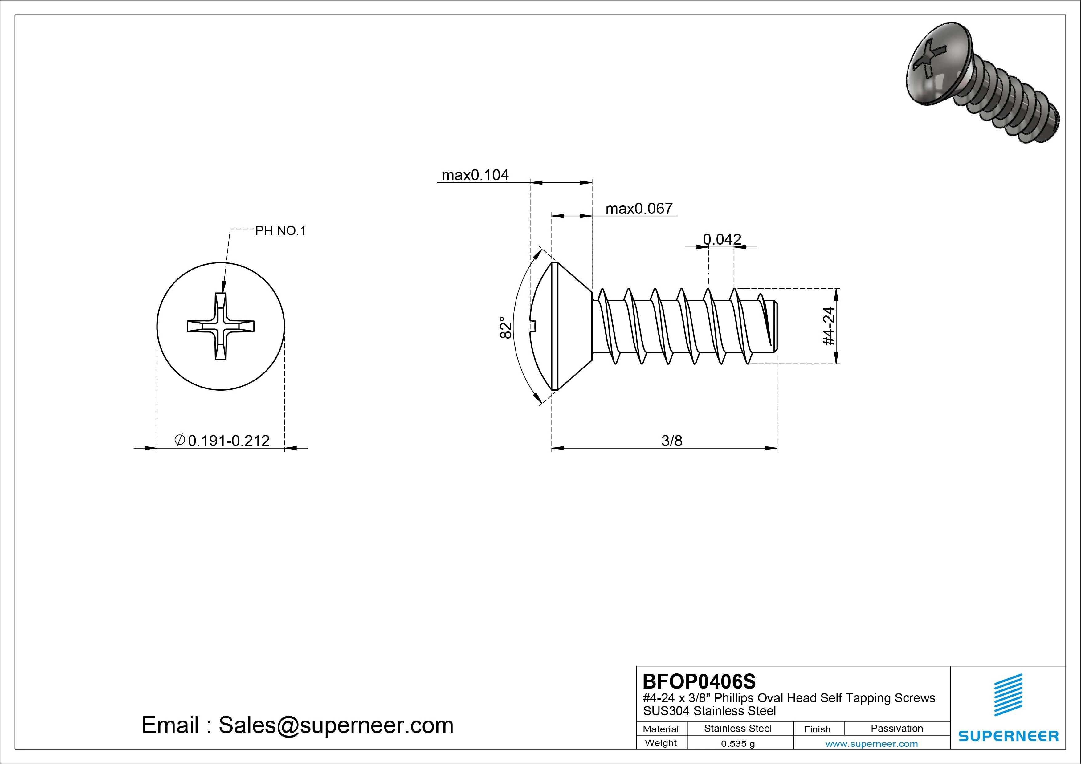 4-24 x 3/8" Phillips Oval Head Self Tapping Screws SUS304 Stainless Steel Inox