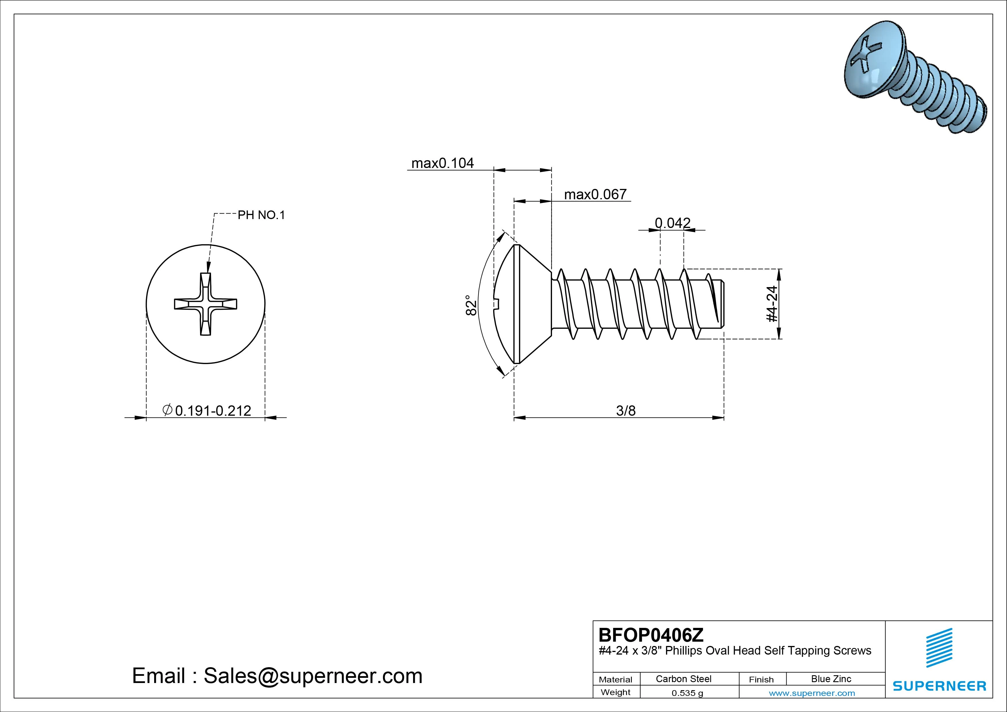 4-24 x 3/8" Phillips Oval Head Self Tapping Screws Steel Blue Zinc Plated