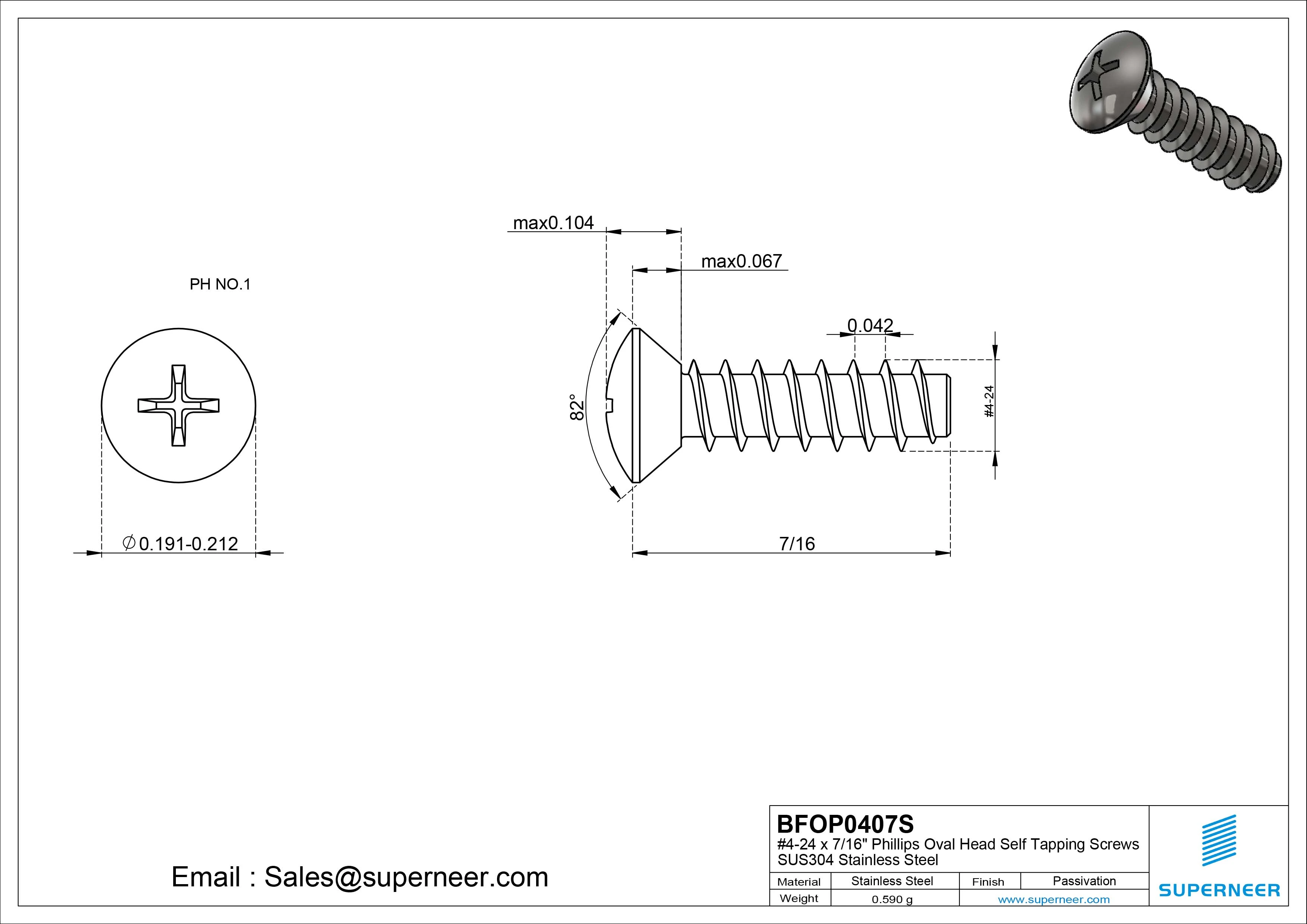 4-24 x 7/16" Phillips Oval Head Self Tapping Screws SUS304 Stainless Steel Inox
