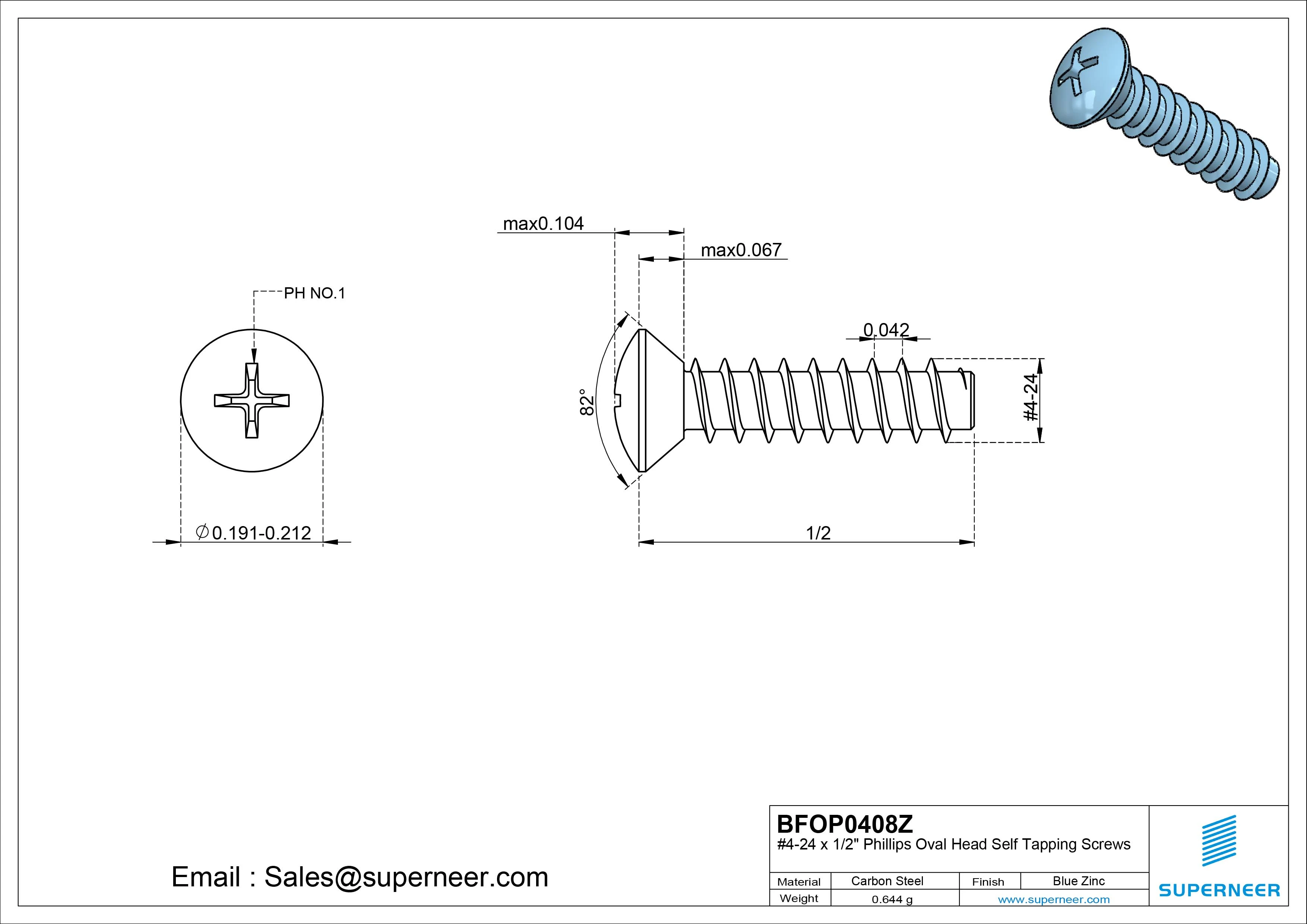 4-24 x 1/2" Phillips Oval Head Self Tapping Screws Steel Blue Zinc Plated