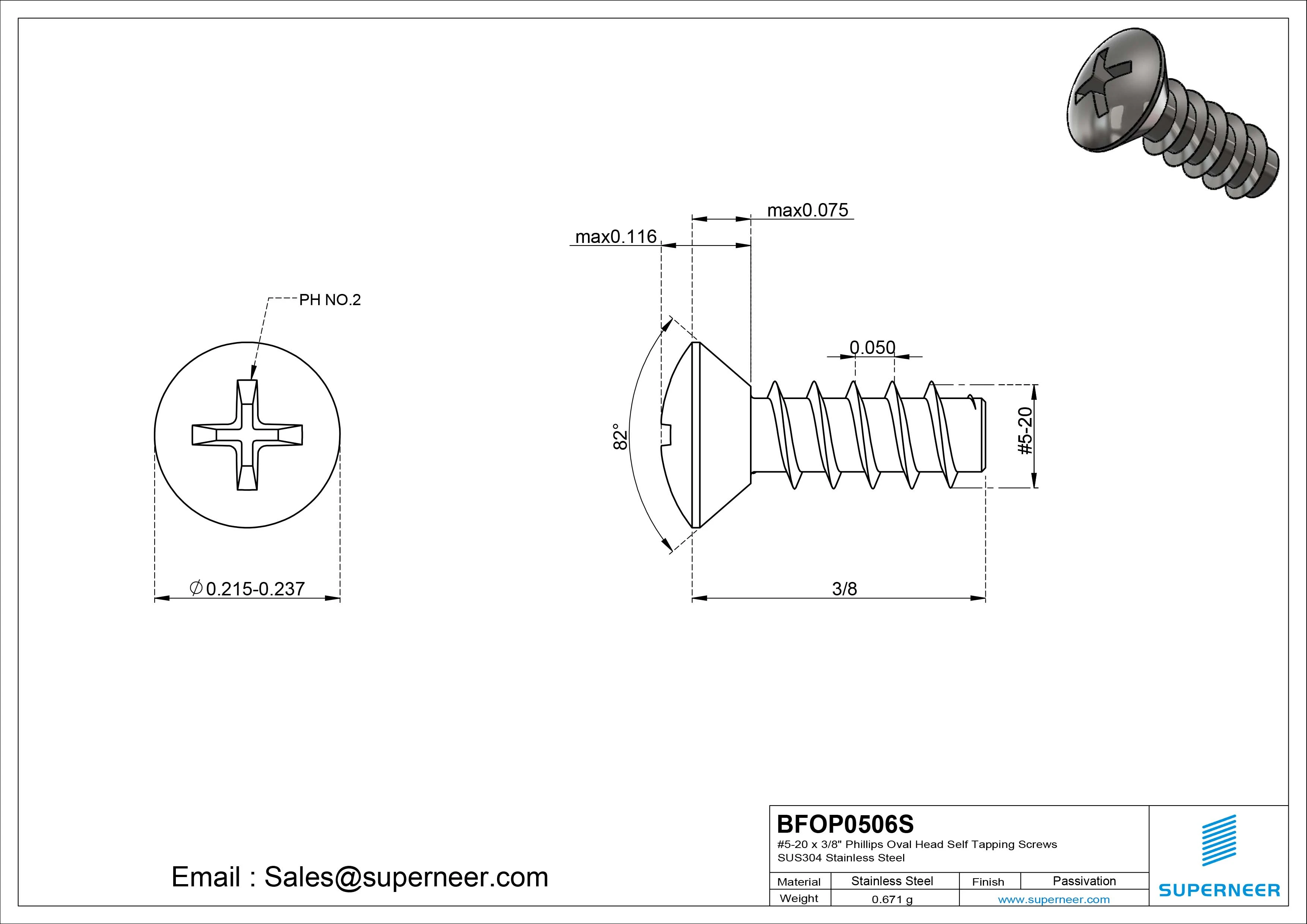 5-20 x 3/8" Phillips Oval Head Self Tapping Screws SUS304 Stainless Steel Inox