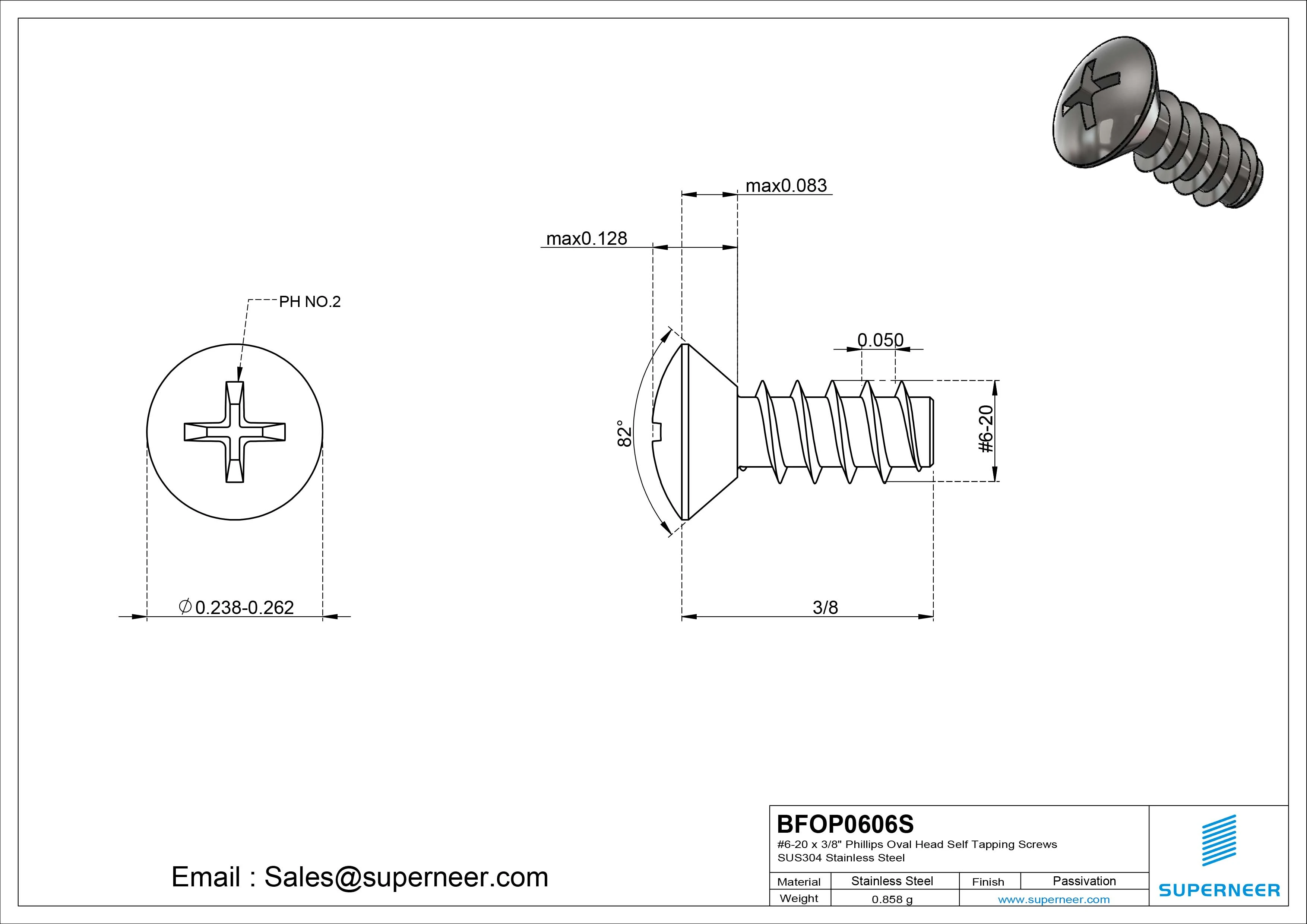6-20 x 3/8" Phillips Oval Head Self Tapping Screws SUS304 Stainless Steel Inox