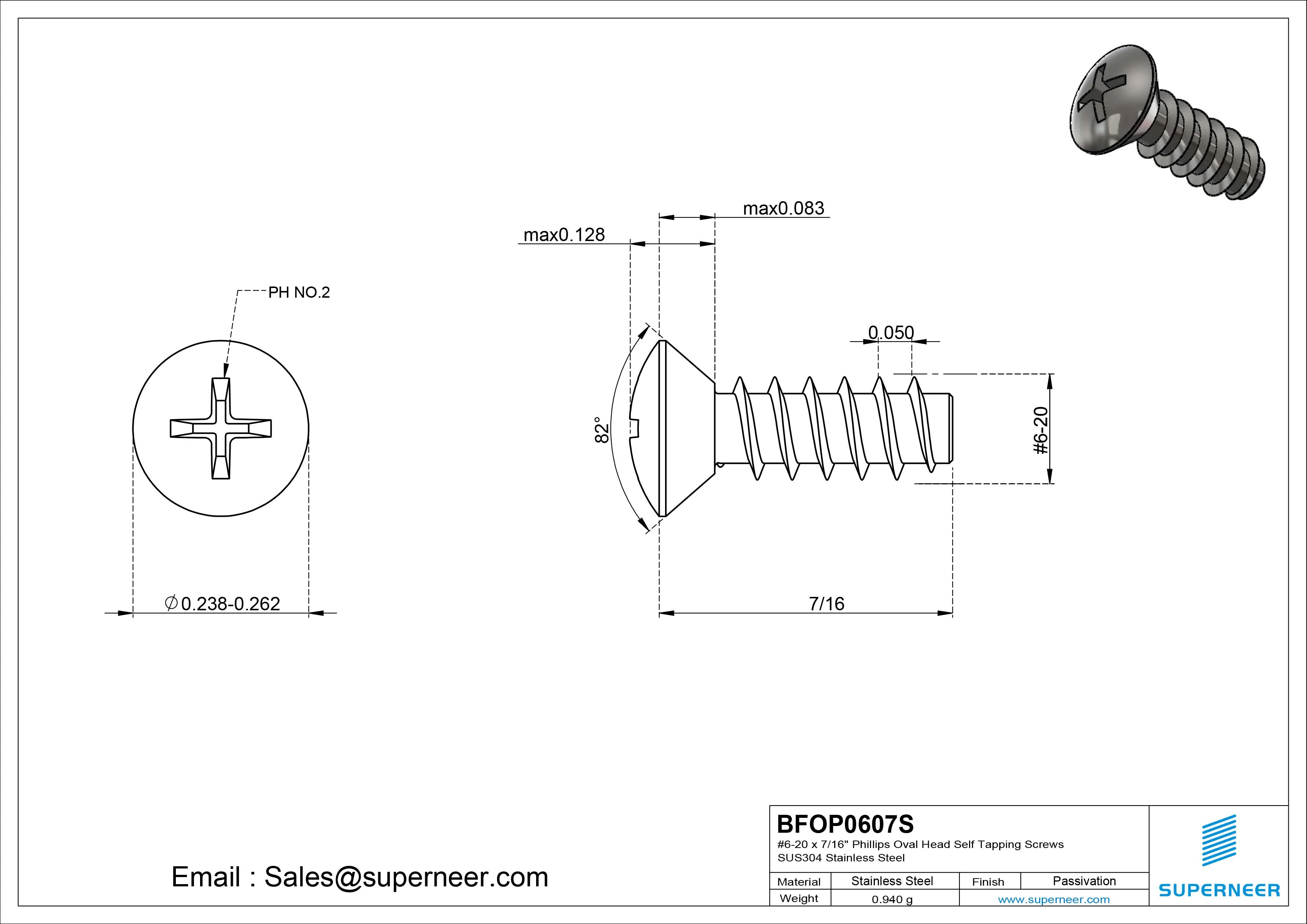 6-20 x 7/16" Phillips Oval Head Self Tapping Screws SUS304 Stainless Steel Inox