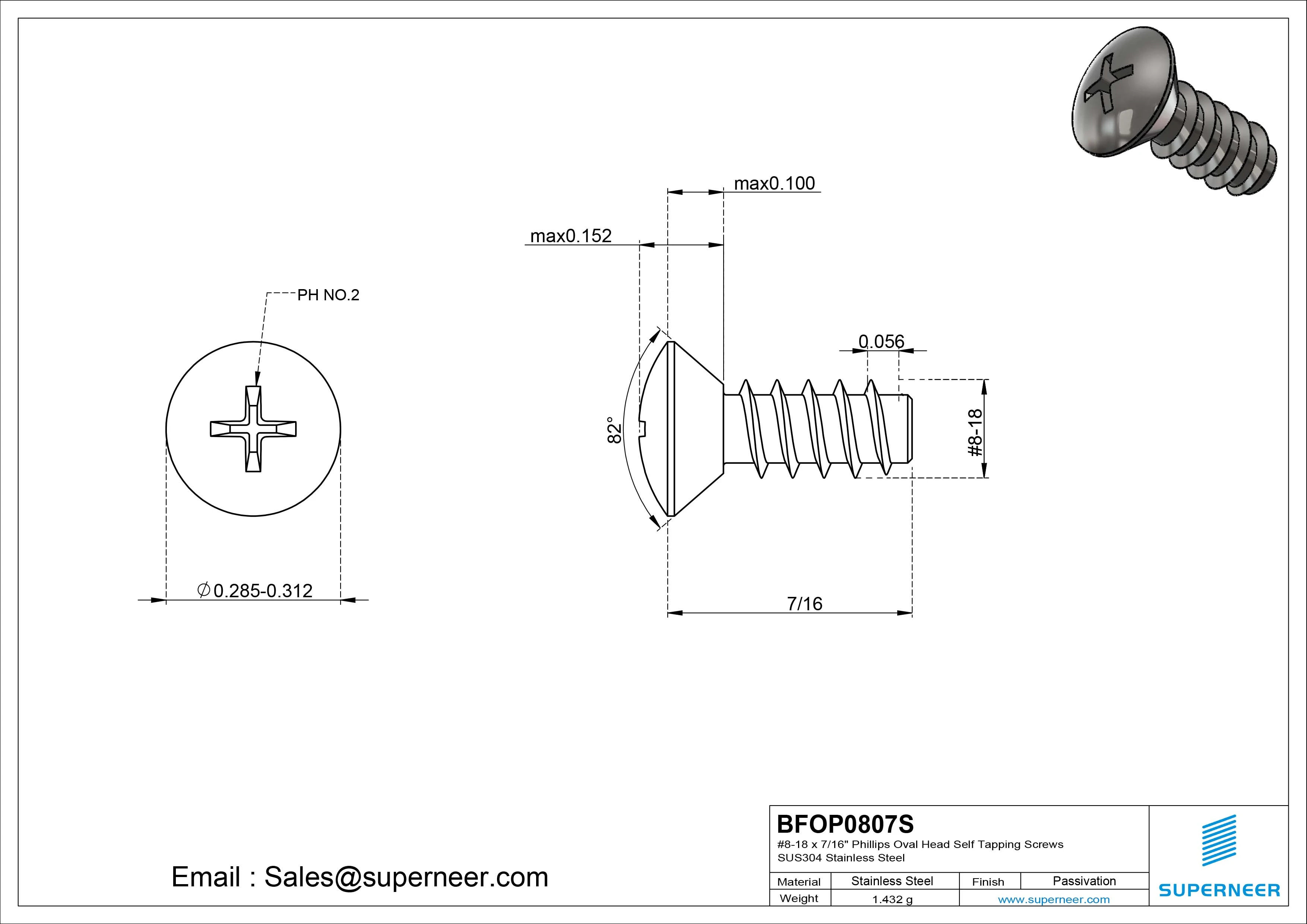 8-18 x 7/16" Phillips Oval Head Self Tapping Screws SUS304 Stainless Steel Inox