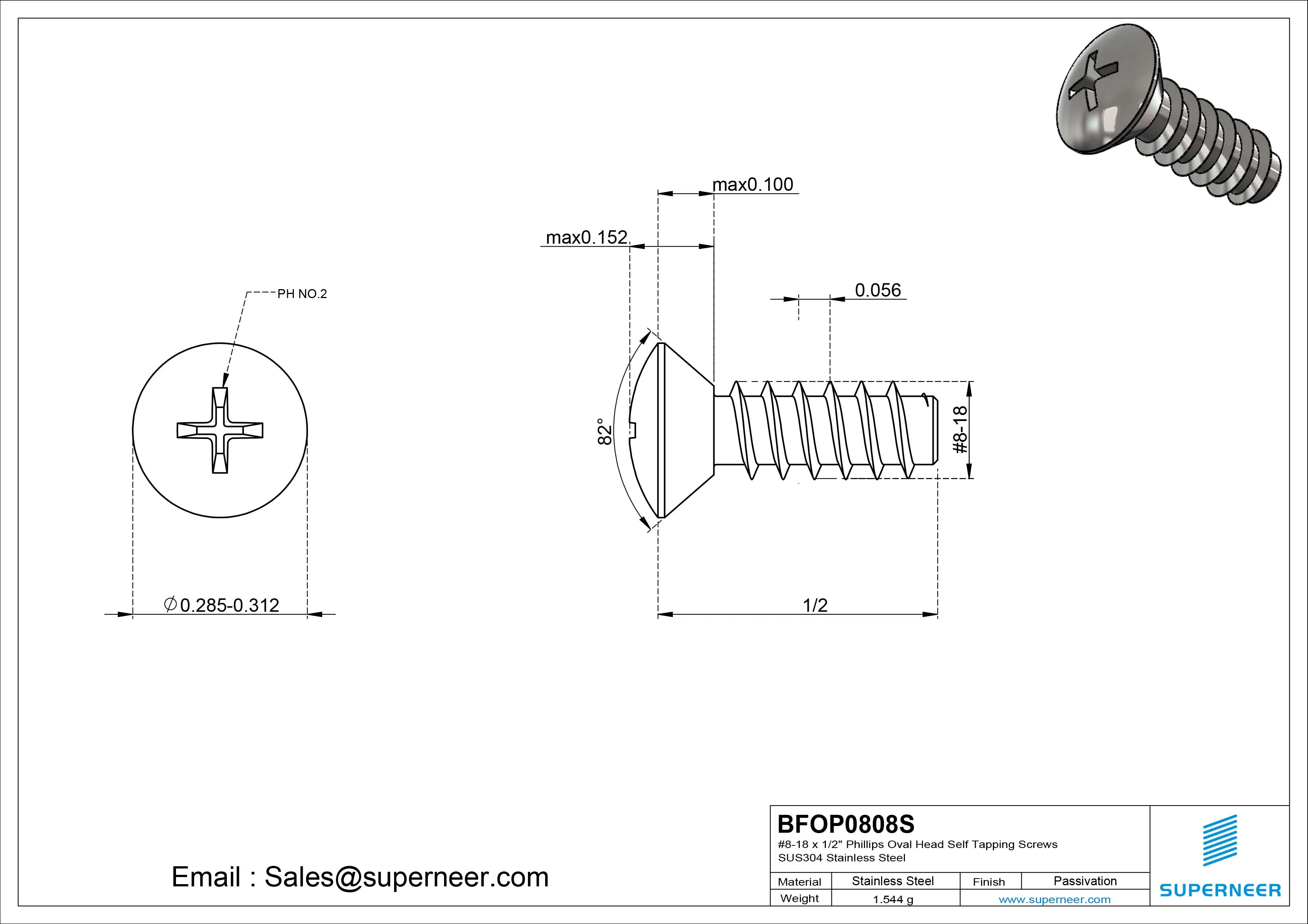 8-18 x 1/2" Phillips Oval Head Self Tapping Screws SUS304 Stainless Steel Inox