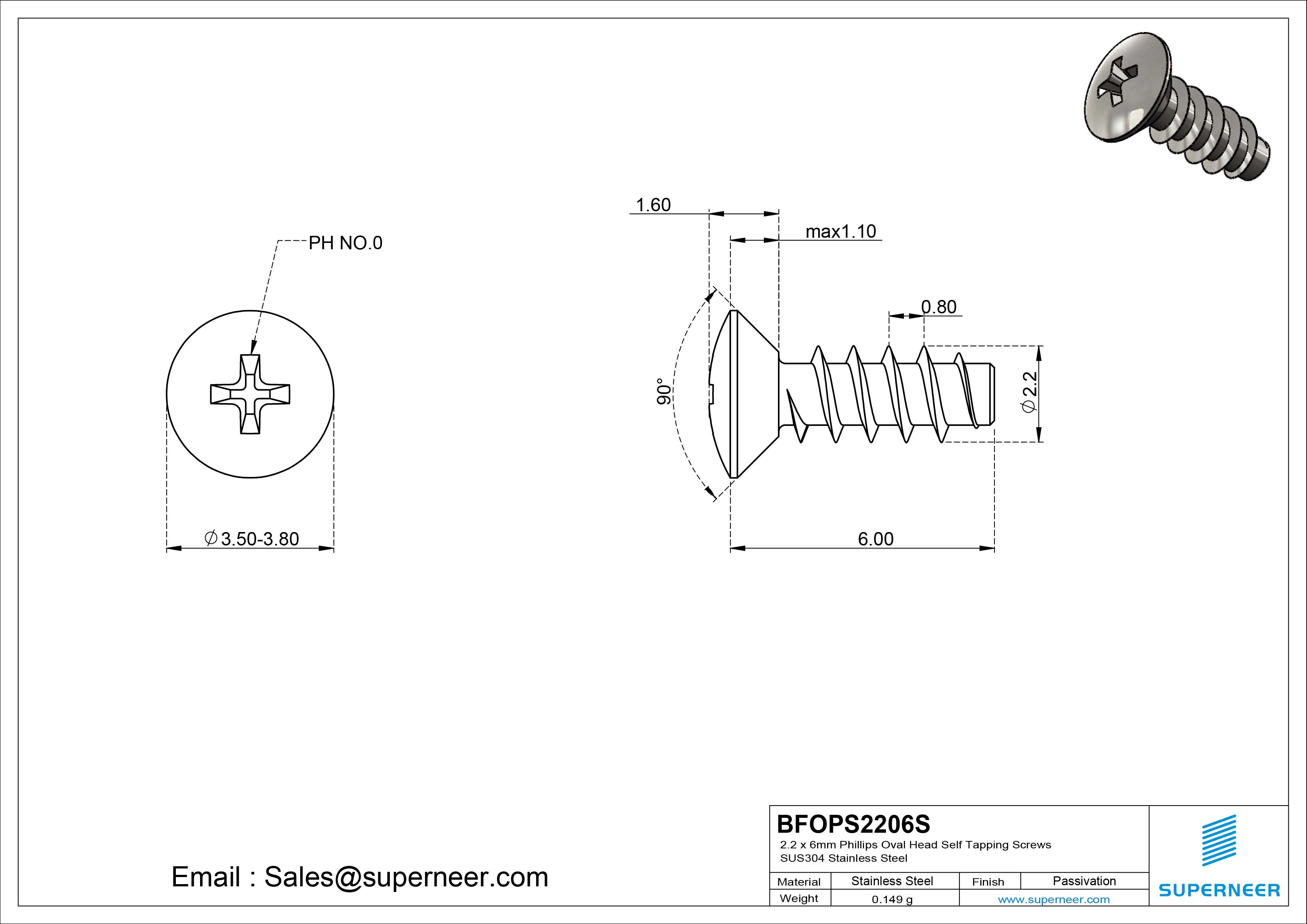 2.2 x 6mm Phillips Oval Head Self Tapping Screws SUS304 Stainless Steel Inox