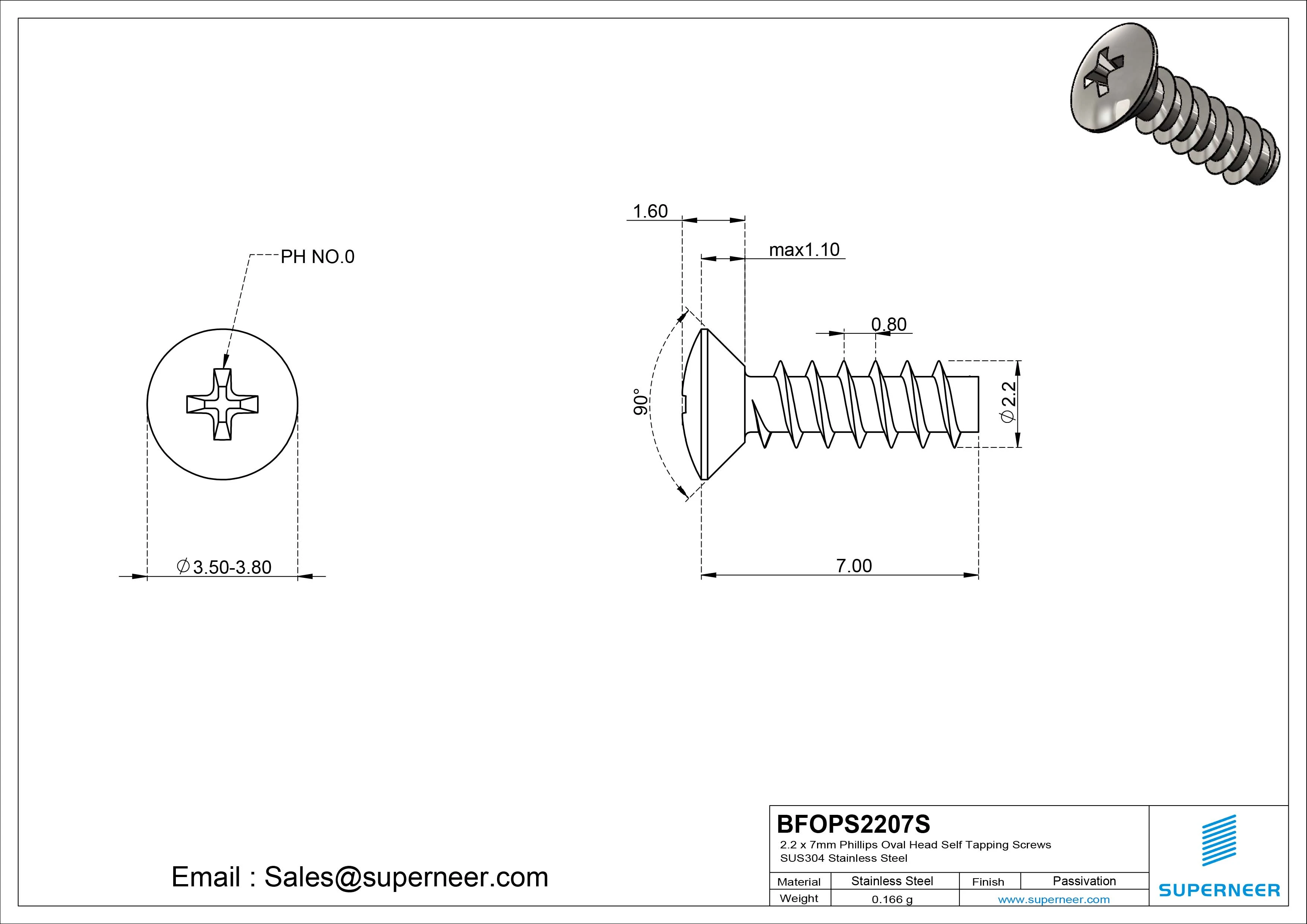 2.2 x 7mm Phillips Oval Head Self Tapping Screws SUS304 Stainless Steel Inox