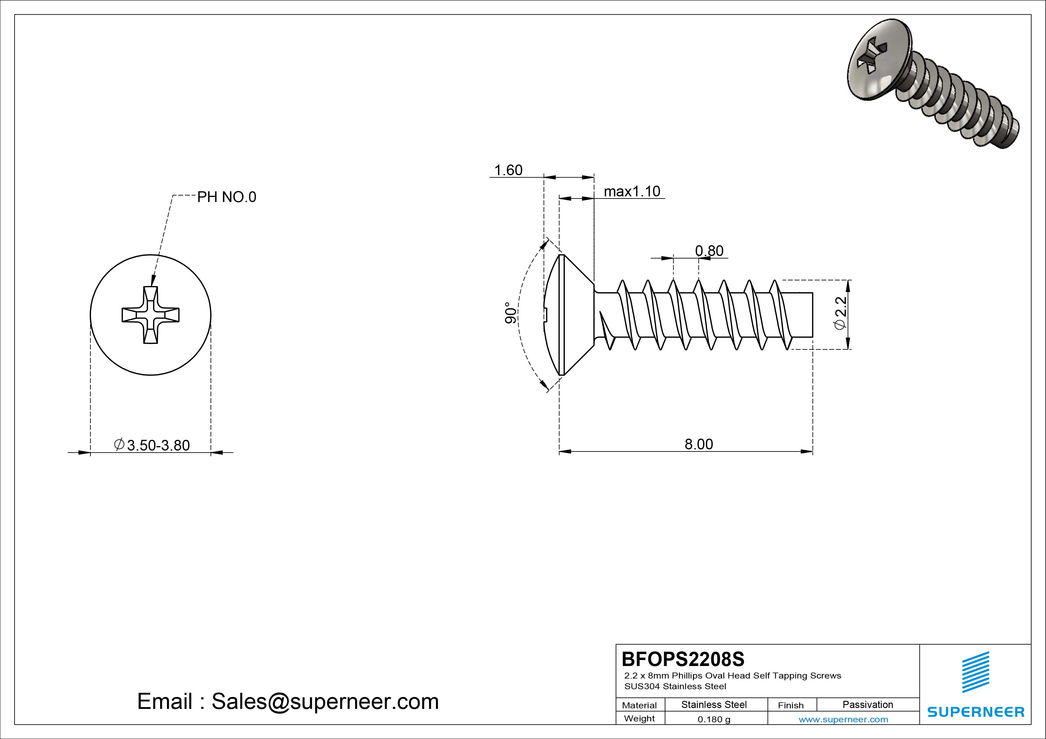 2.2 x 8mm Phillips Oval Head Self Tapping Screws SUS304 Stainless Steel Inox