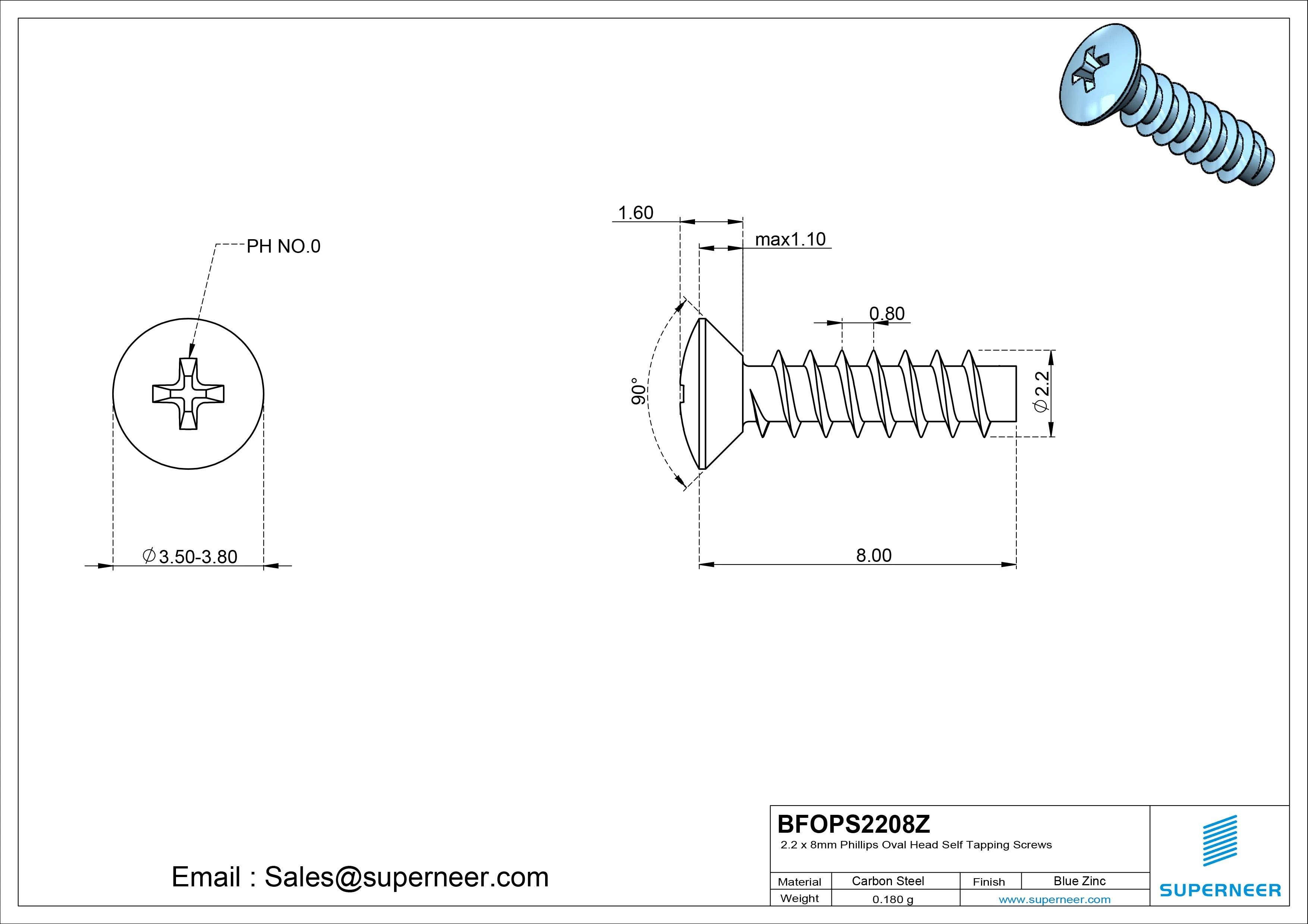 2.2 x 8mm Phillips Oval Head Self Tapping Screws Steel Blue Zinc Plated