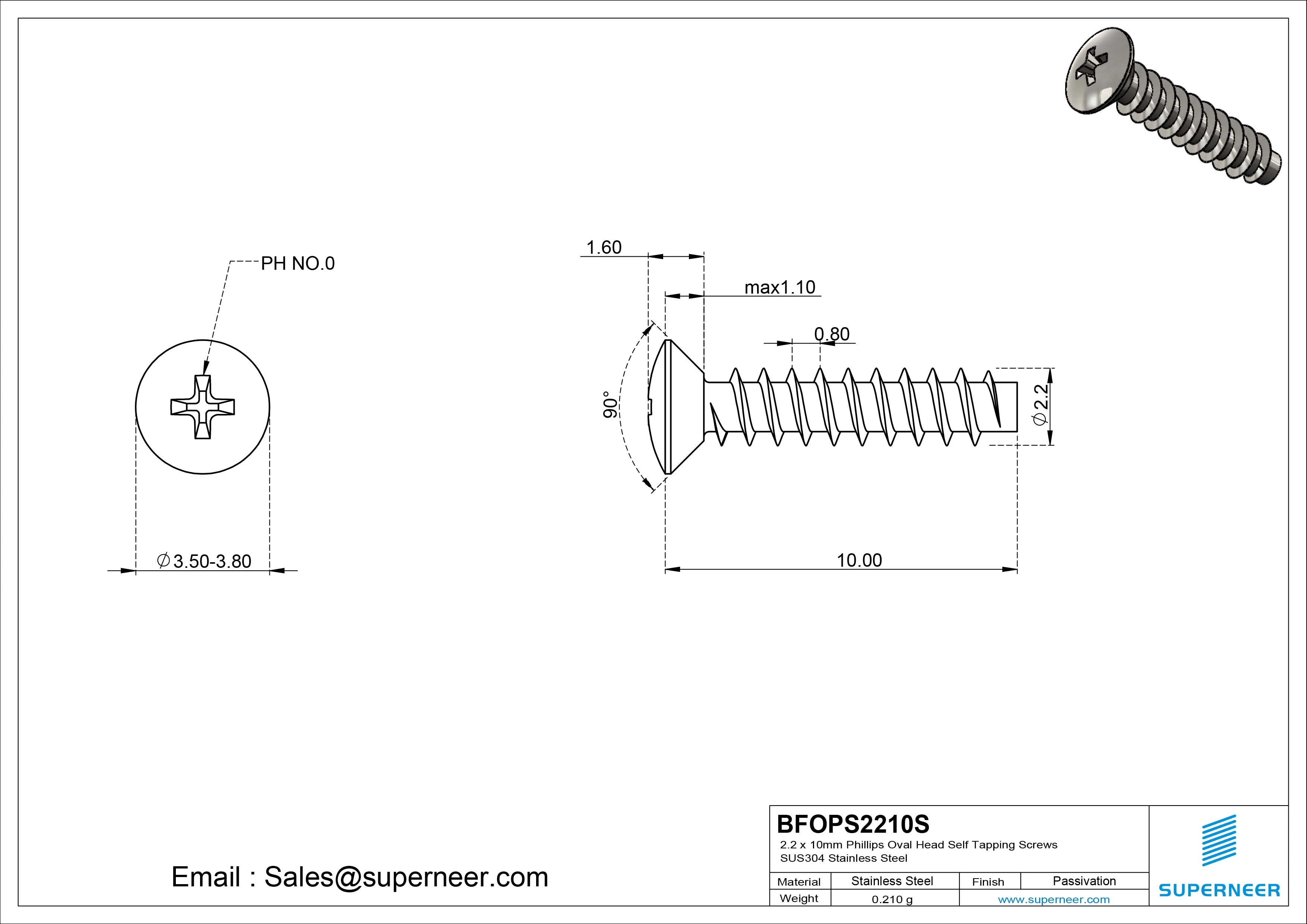 2.2 x 10mm Phillips Oval Head Self Tapping Screws SUS304 Stainless Steel Inox