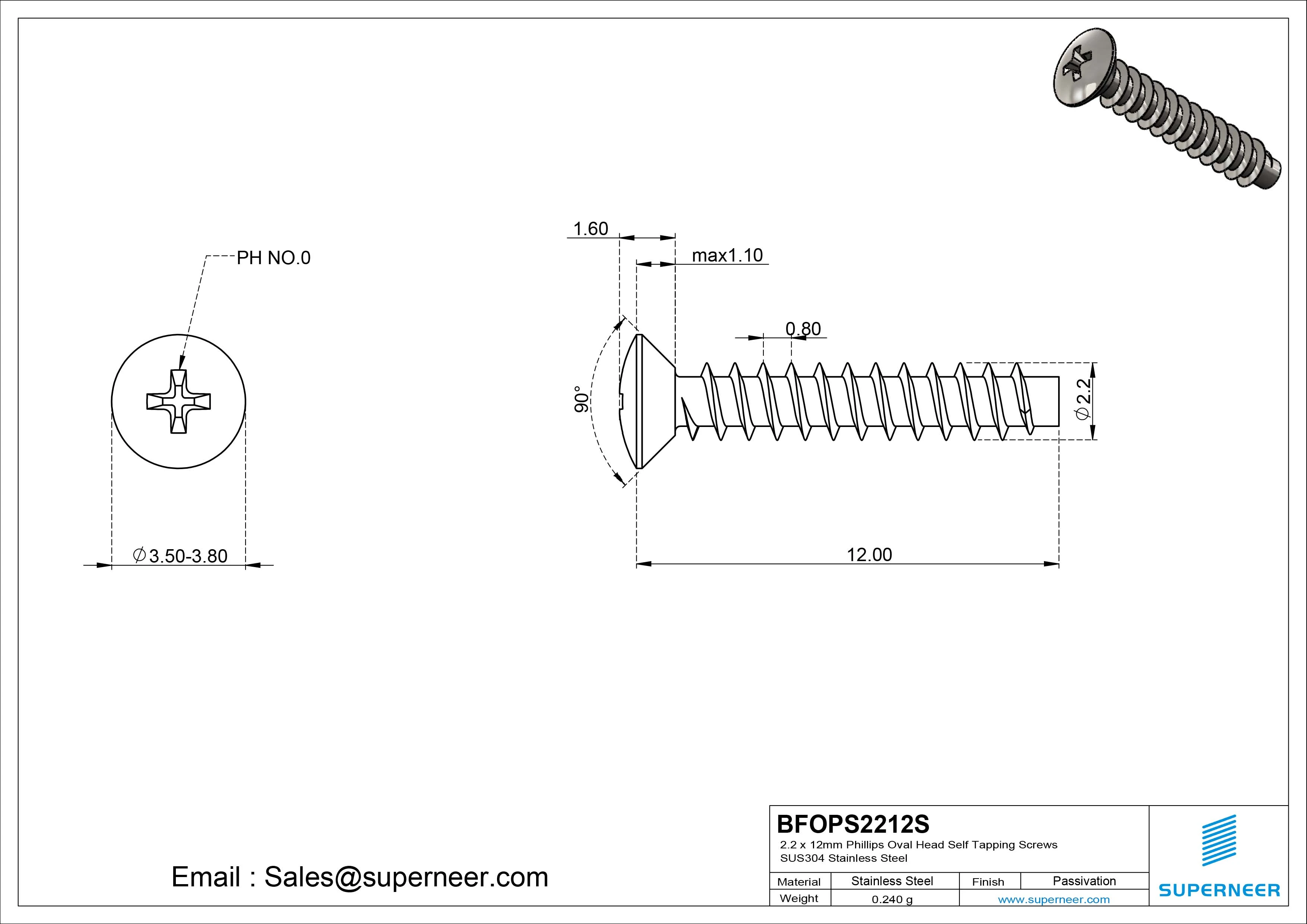 2.2 x 12mm Phillips Oval Head Self Tapping Screws SUS304 Stainless Steel Inox