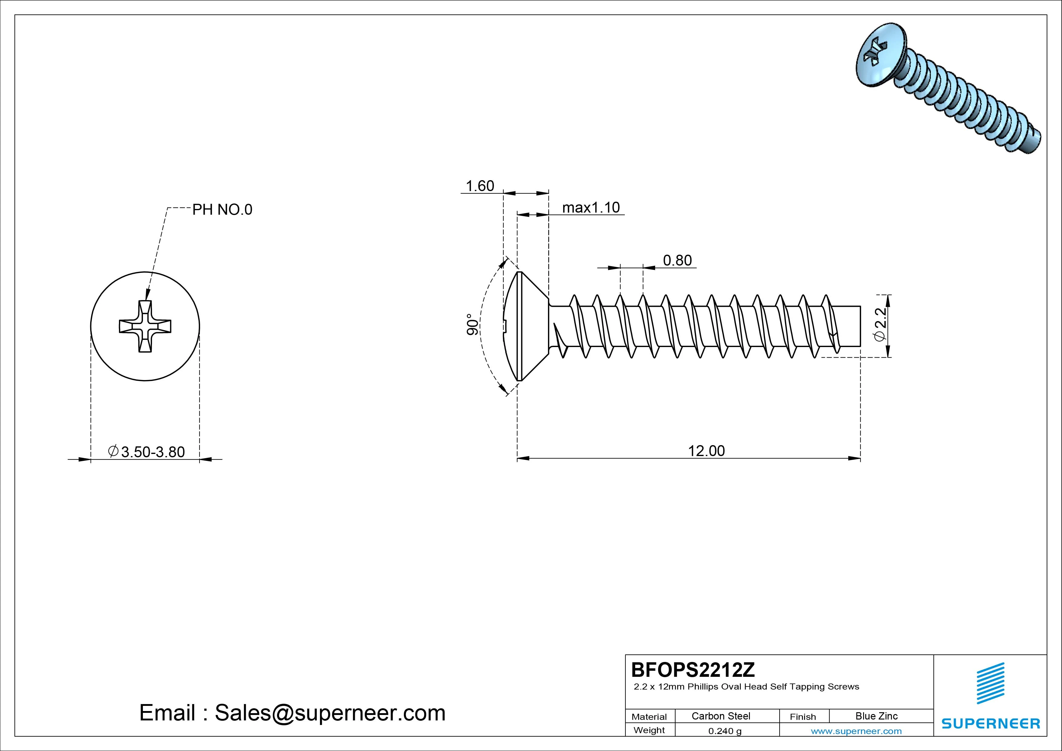 2.2 x 12mm Phillips Oval Head Self Tapping Screws Steel Blue Zinc Plated