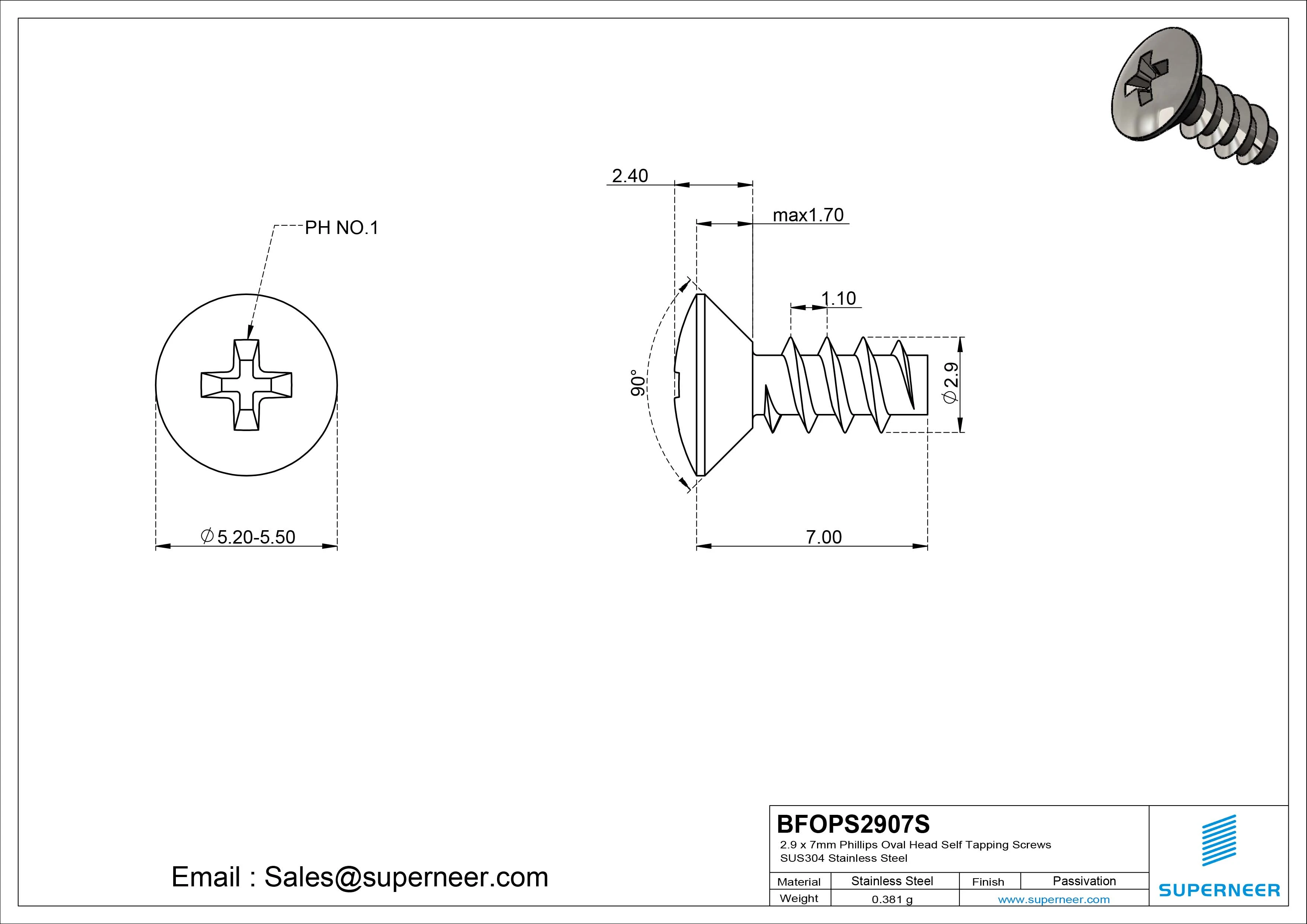 2.9 x 7mm Phillips Oval Head Self Tapping Screws SUS304 Stainless Steel Inox