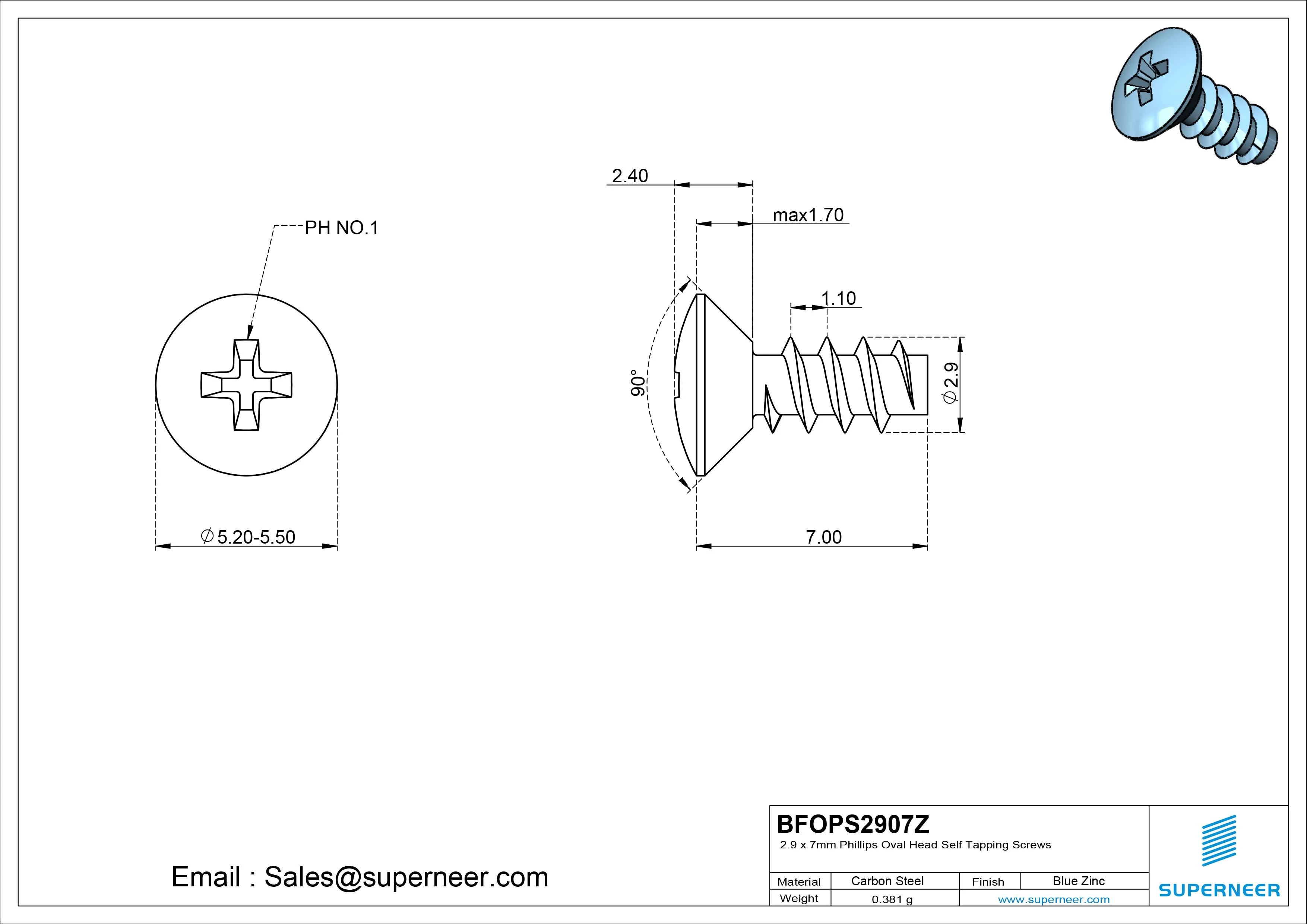 2.9 x 7mm Phillips Oval Head Self Tapping Screws Steel Blue Zinc Plated