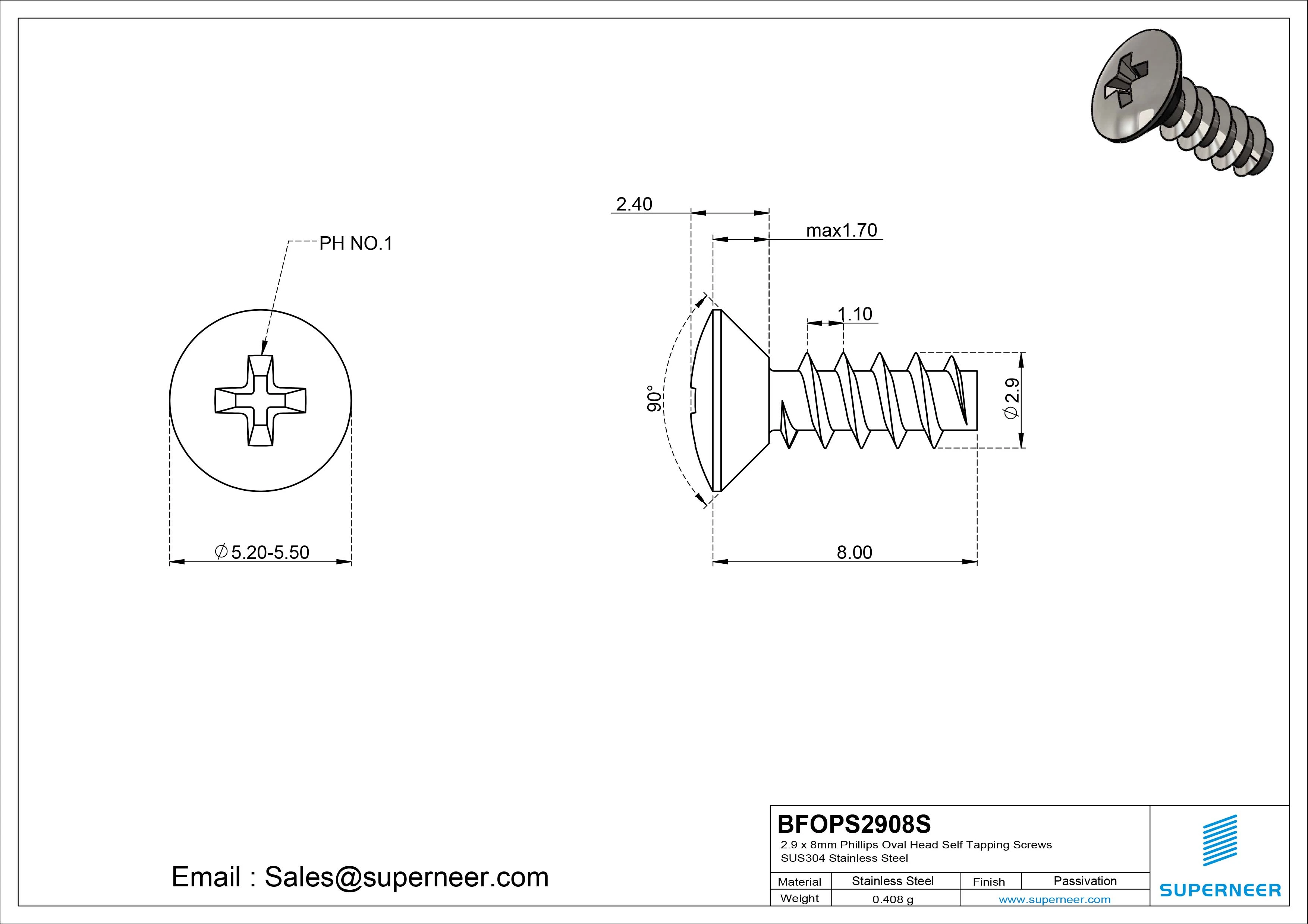 2.9 x 8mm Phillips Oval Head Self Tapping Screws SUS304 Stainless Steel Inox