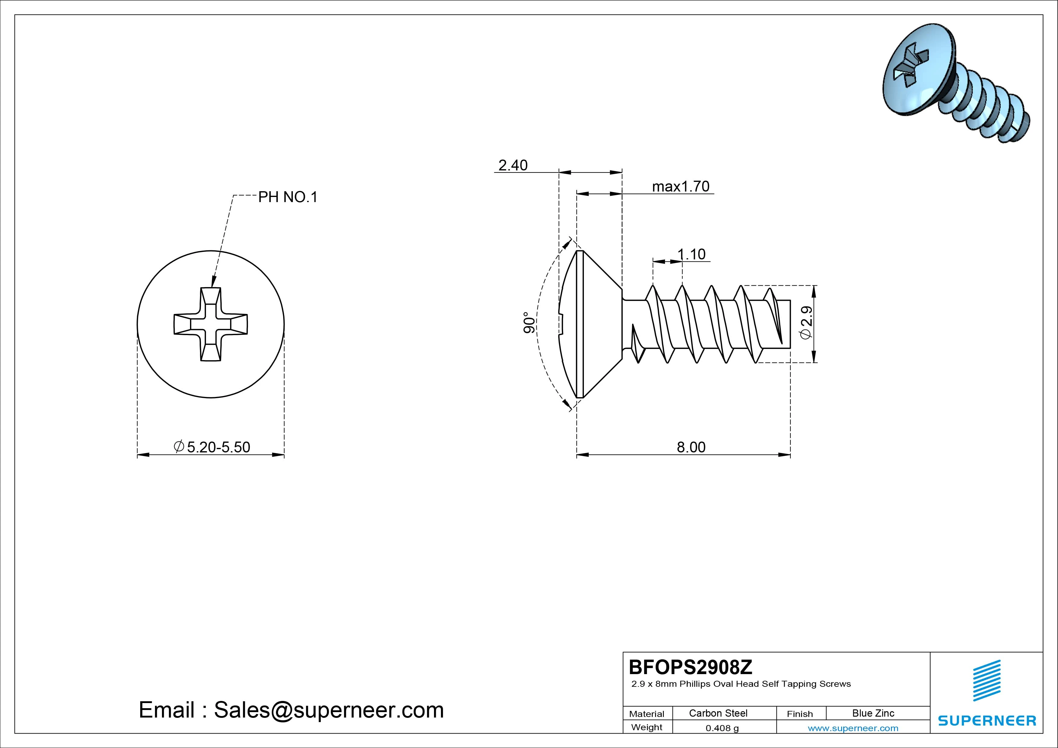 2.9 x 8mm Phillips Oval Head Self Tapping Screws Steel Blue Zinc Plated
