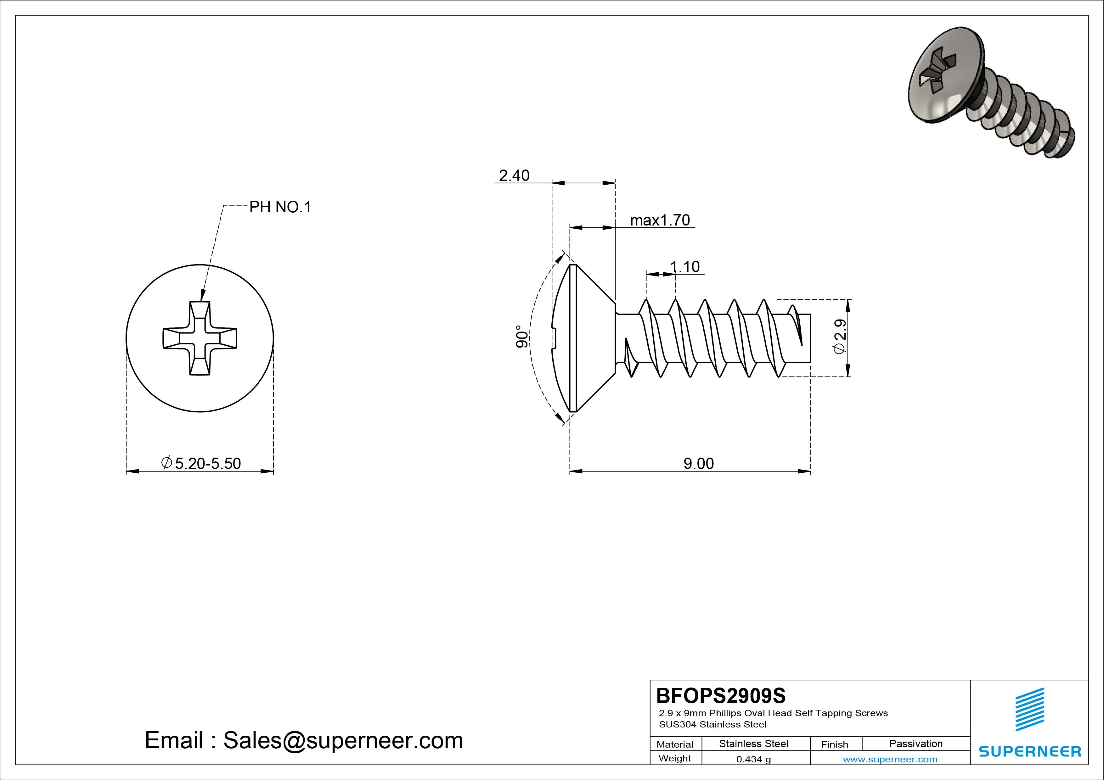 2.9 x 9mm Phillips Oval Head Self Tapping Screws SUS304 Stainless Steel Inox