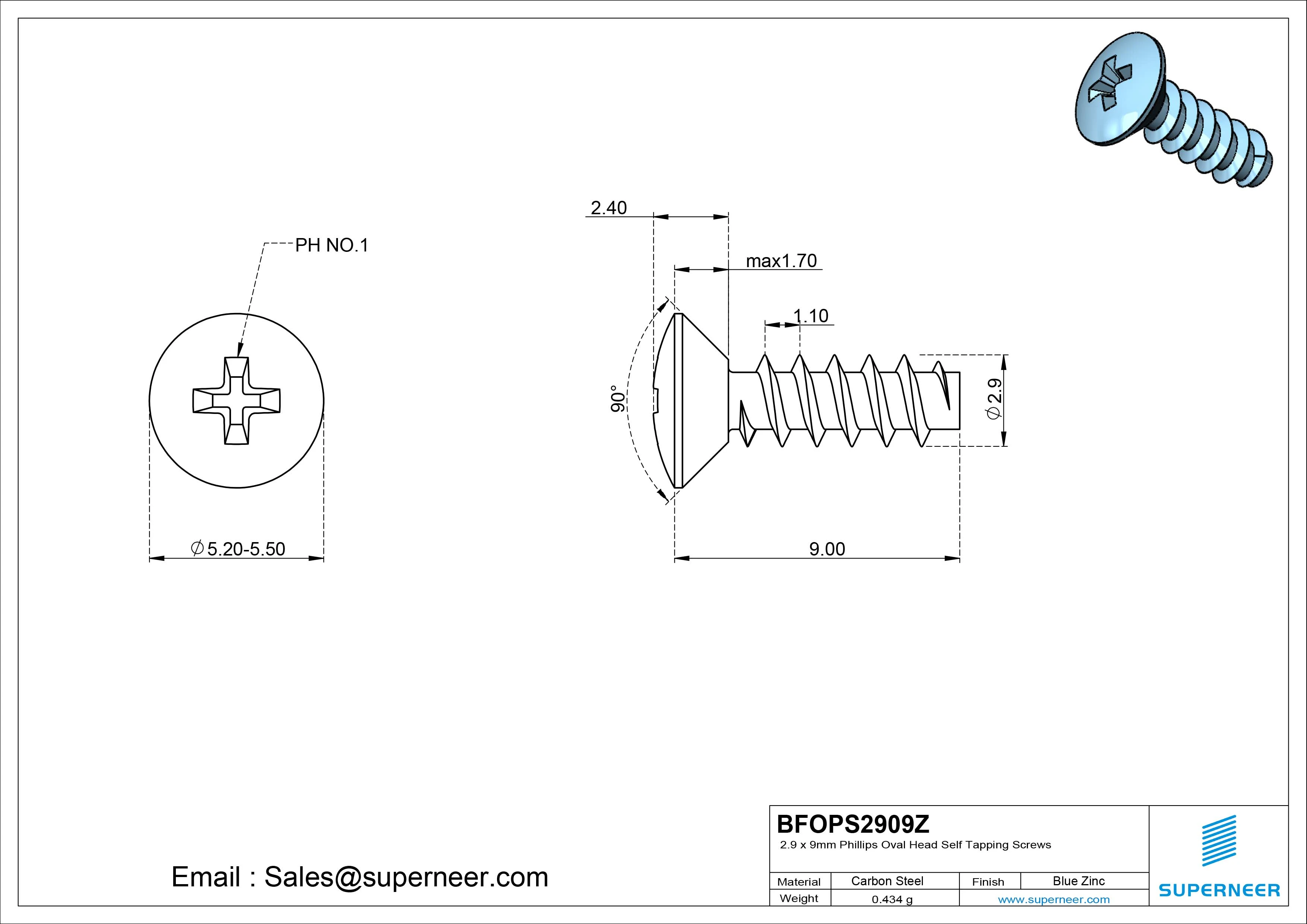 2.9 x 9mm Phillips Oval Head Self Tapping Screws Steel Blue Zinc Plated