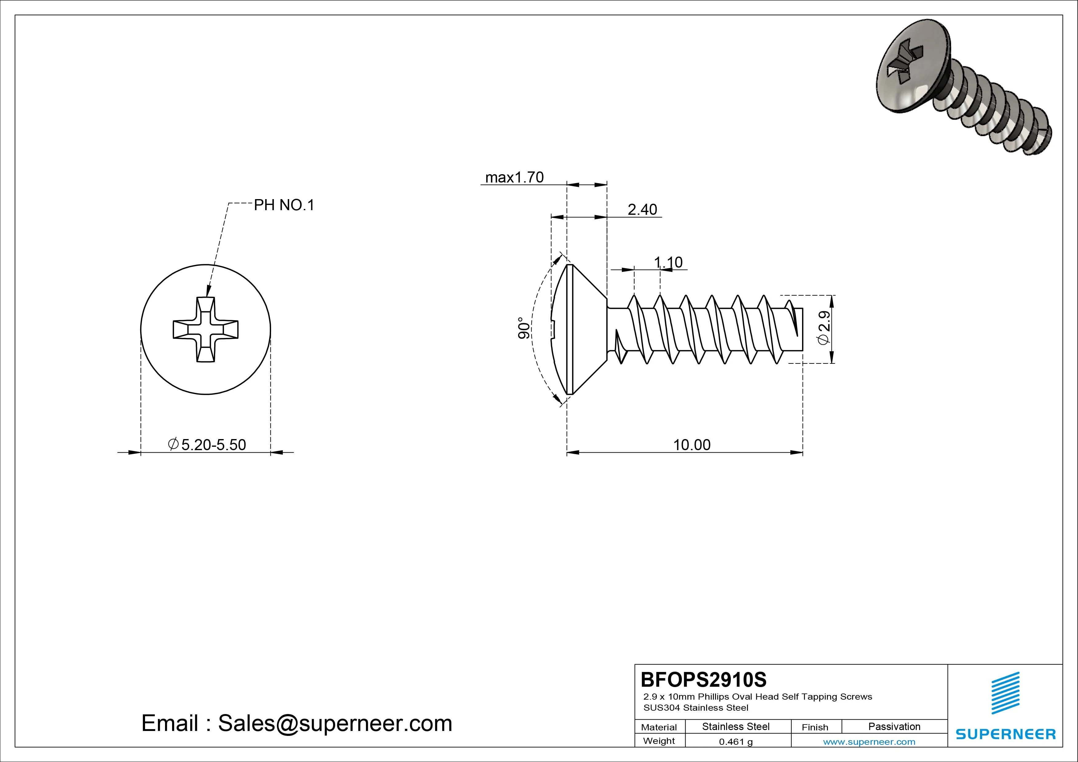 2.9 x 10mm Phillips Oval Head Self Tapping Screws SUS304 Stainless Steel Inox