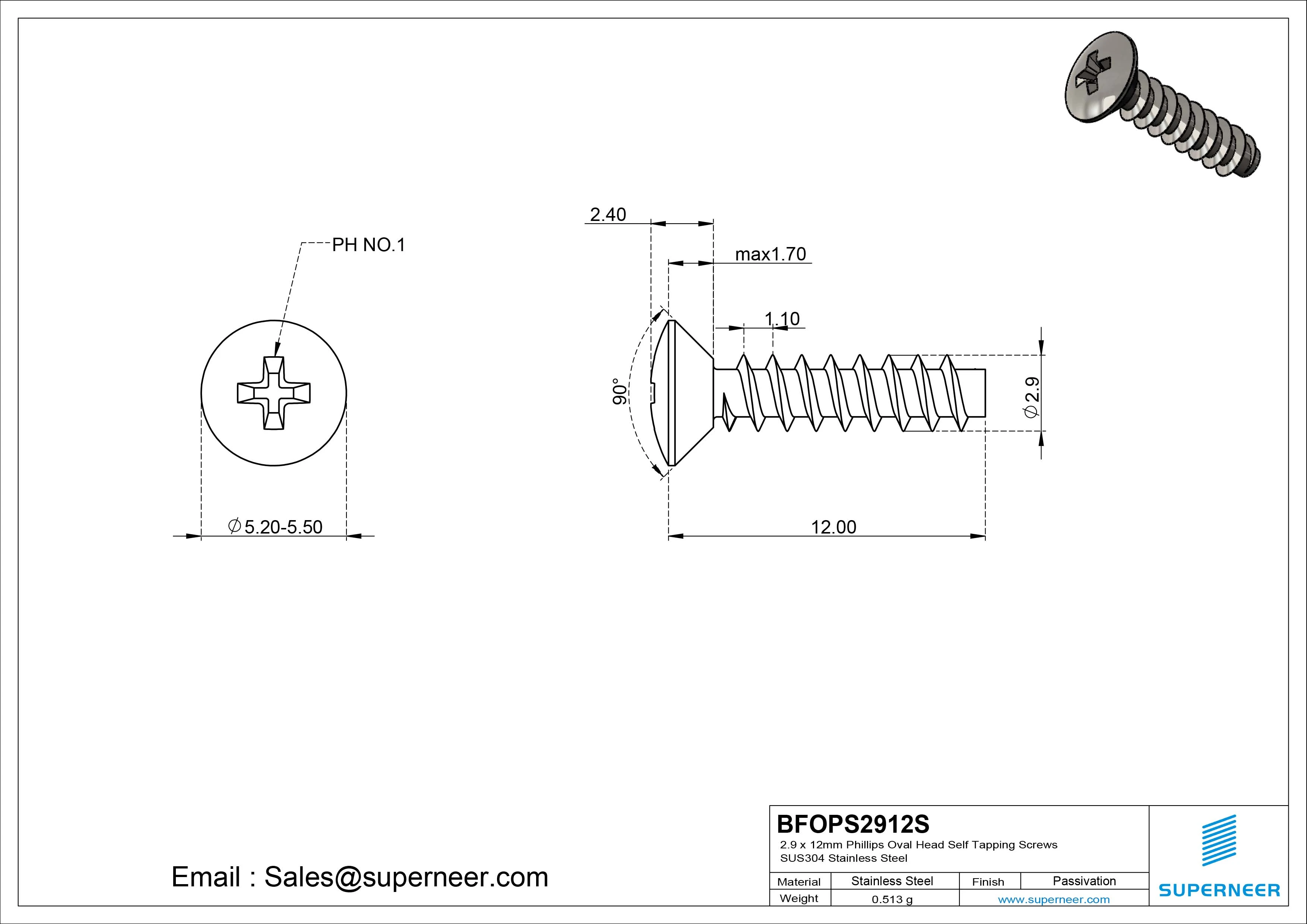 2.9 x 12mm Phillips Oval Head Self Tapping Screws SUS304 Stainless Steel Inox