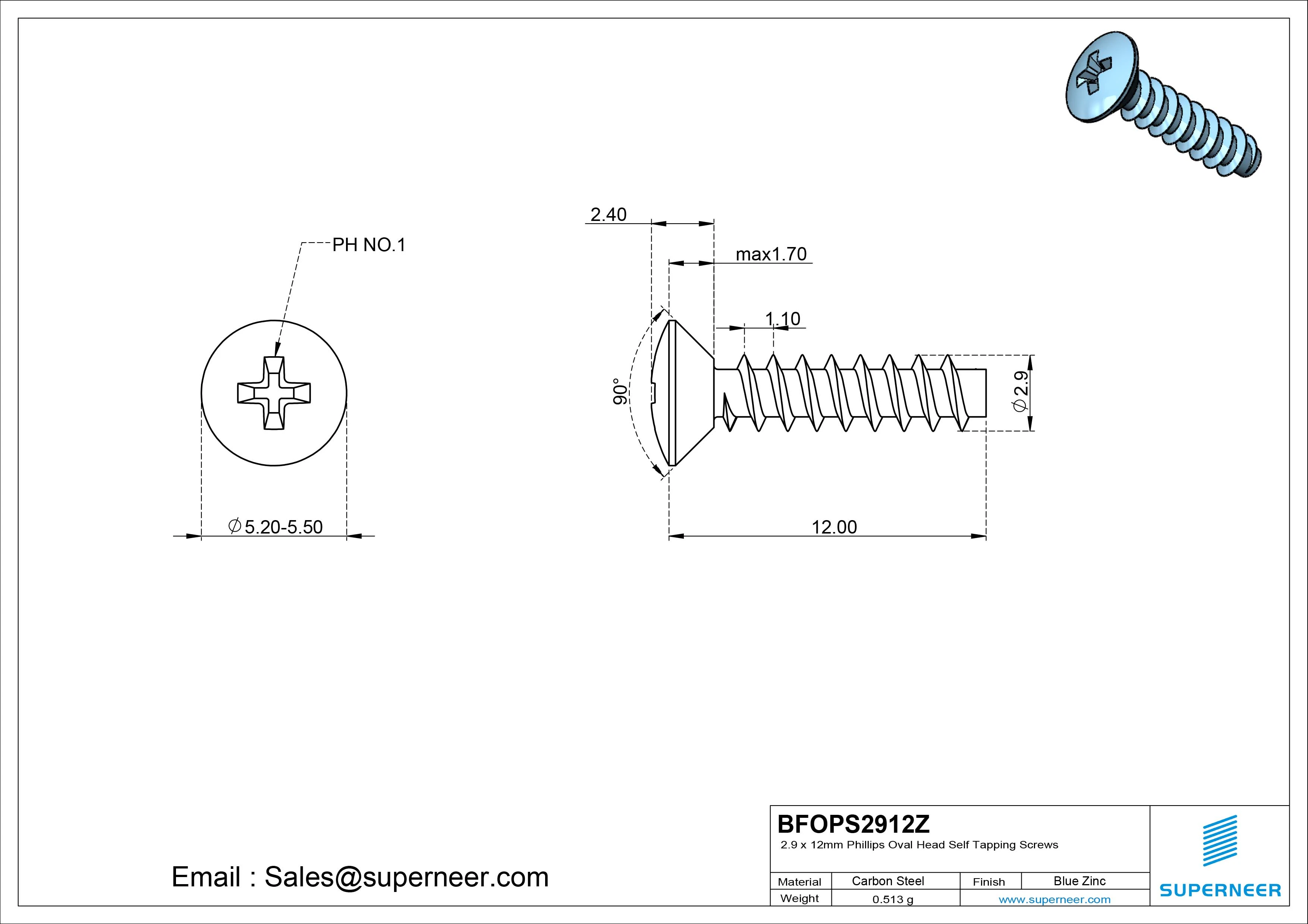2.9 x 12mm Phillips Oval Head Self Tapping Screws Steel Blue Zinc Plated