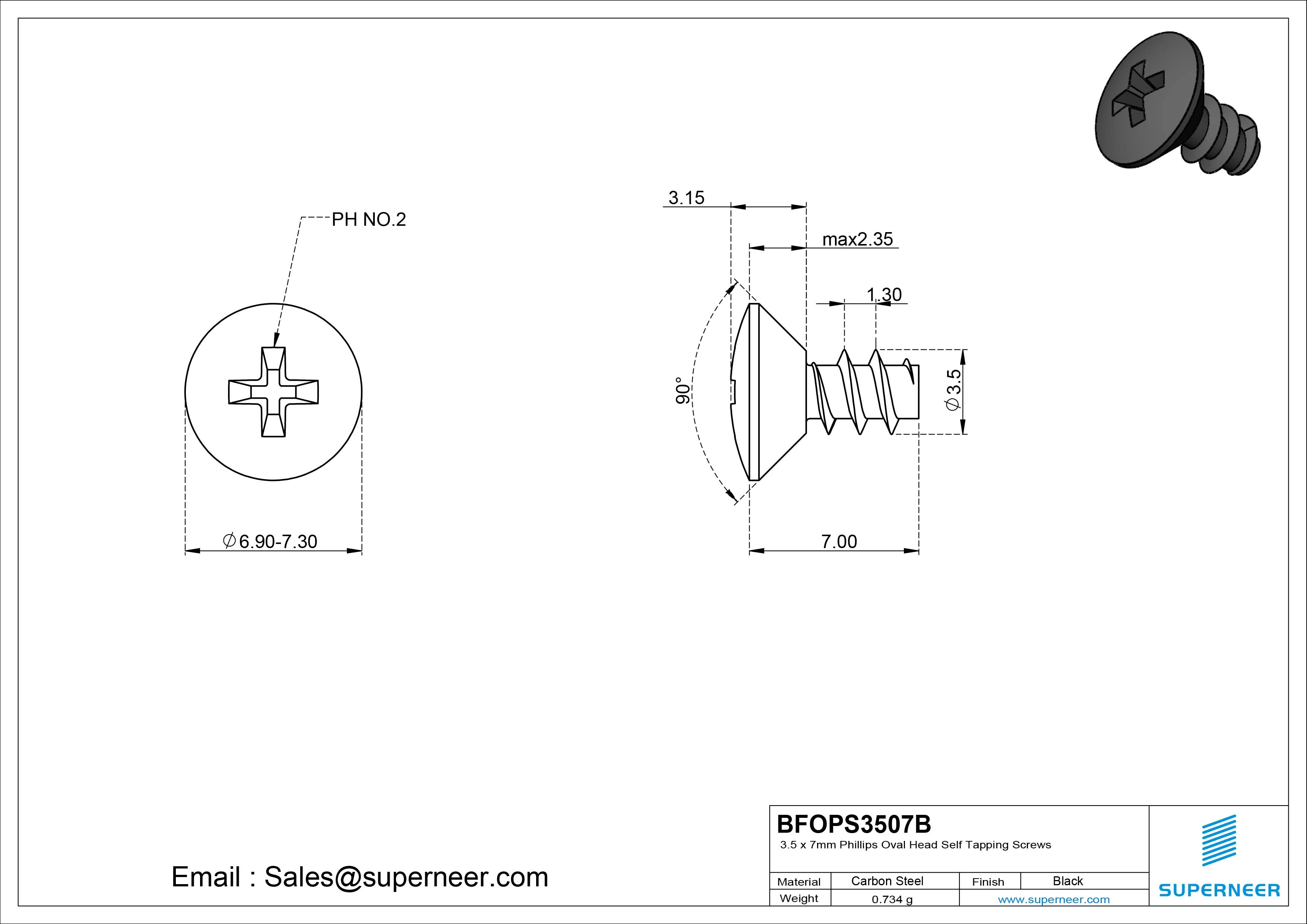 3.5 x 7mm Phillips Oval Head Self Tapping Screws Steel Black Zinc Plated