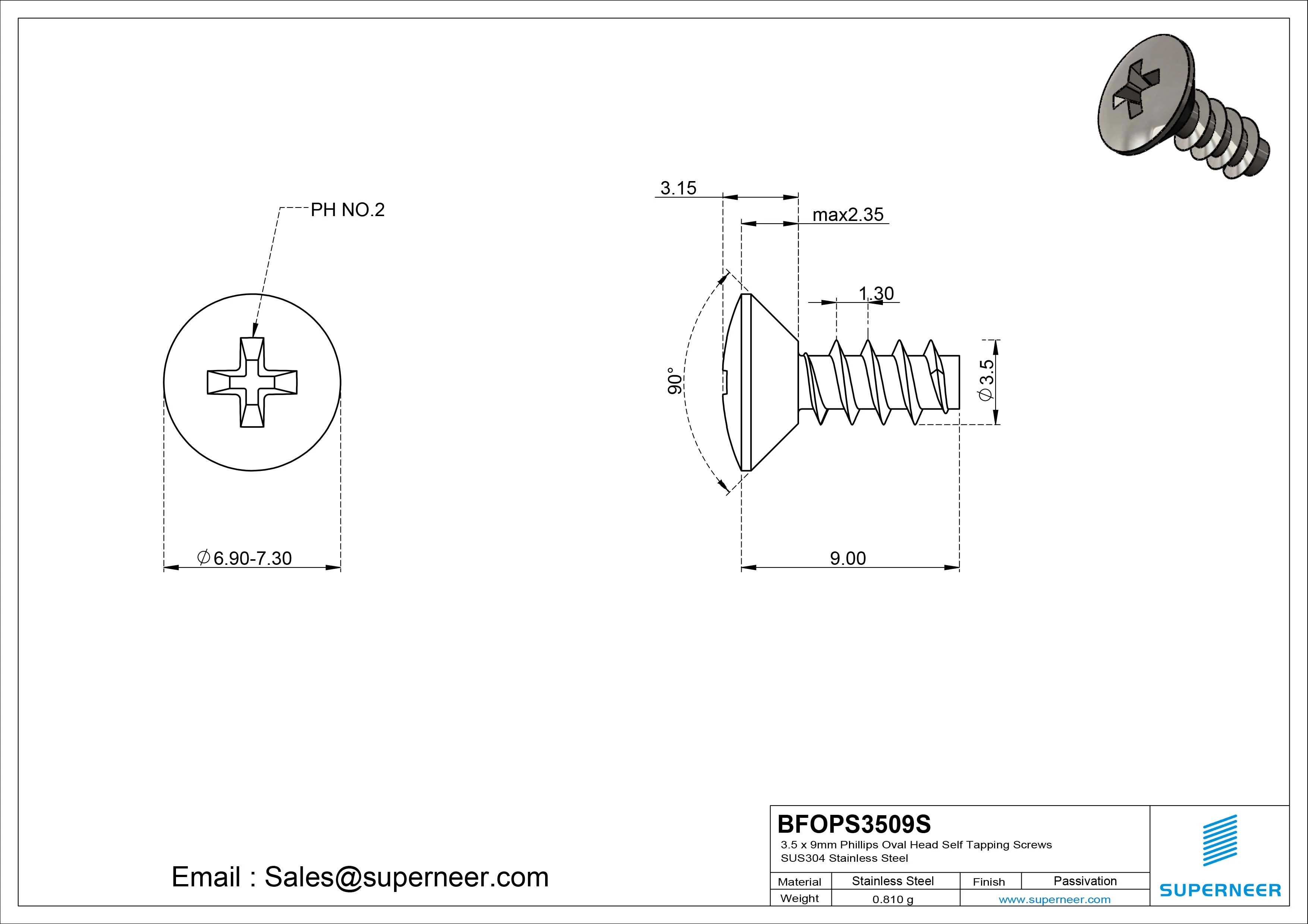 3.5 x 9mm Phillips Oval Head Self Tapping Screws SUS304 Stainless Steel Inox