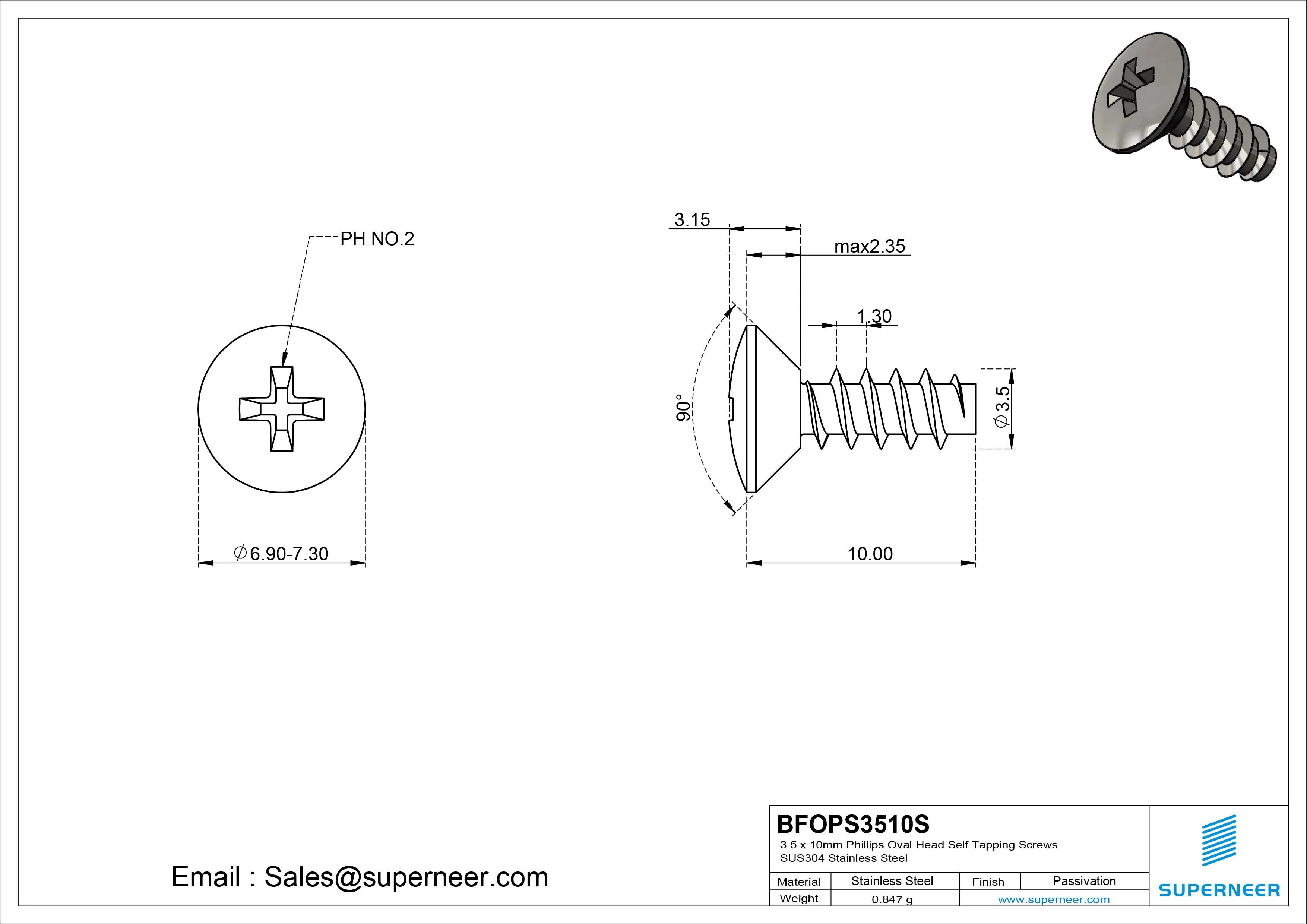 3.5 x 10mm Phillips Oval Head Self Tapping Screws SUS304 Stainless Steel Inox
