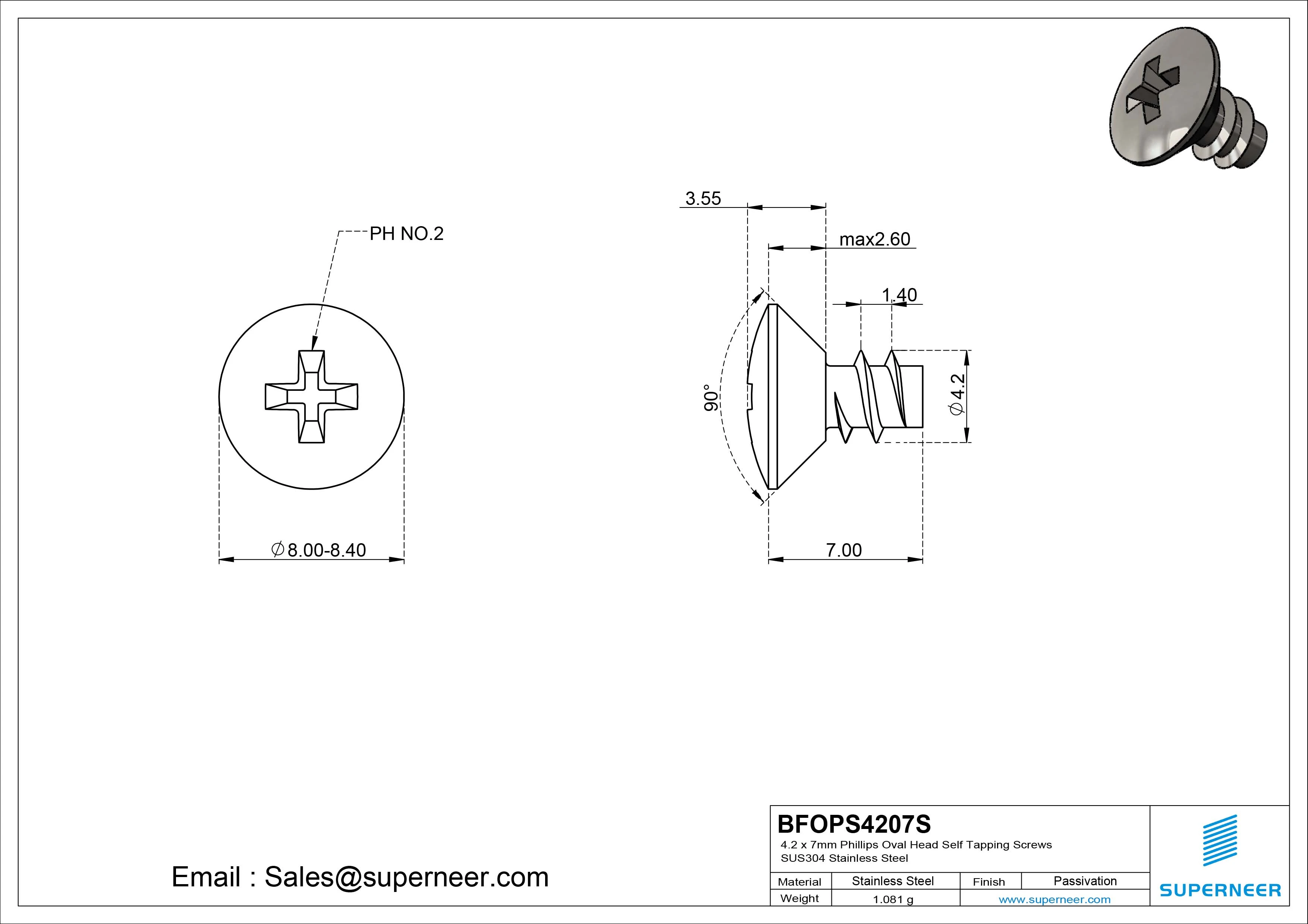 4.2 x 7mm Phillips Oval Head Self Tapping Screws SUS304 Stainless Steel Inox