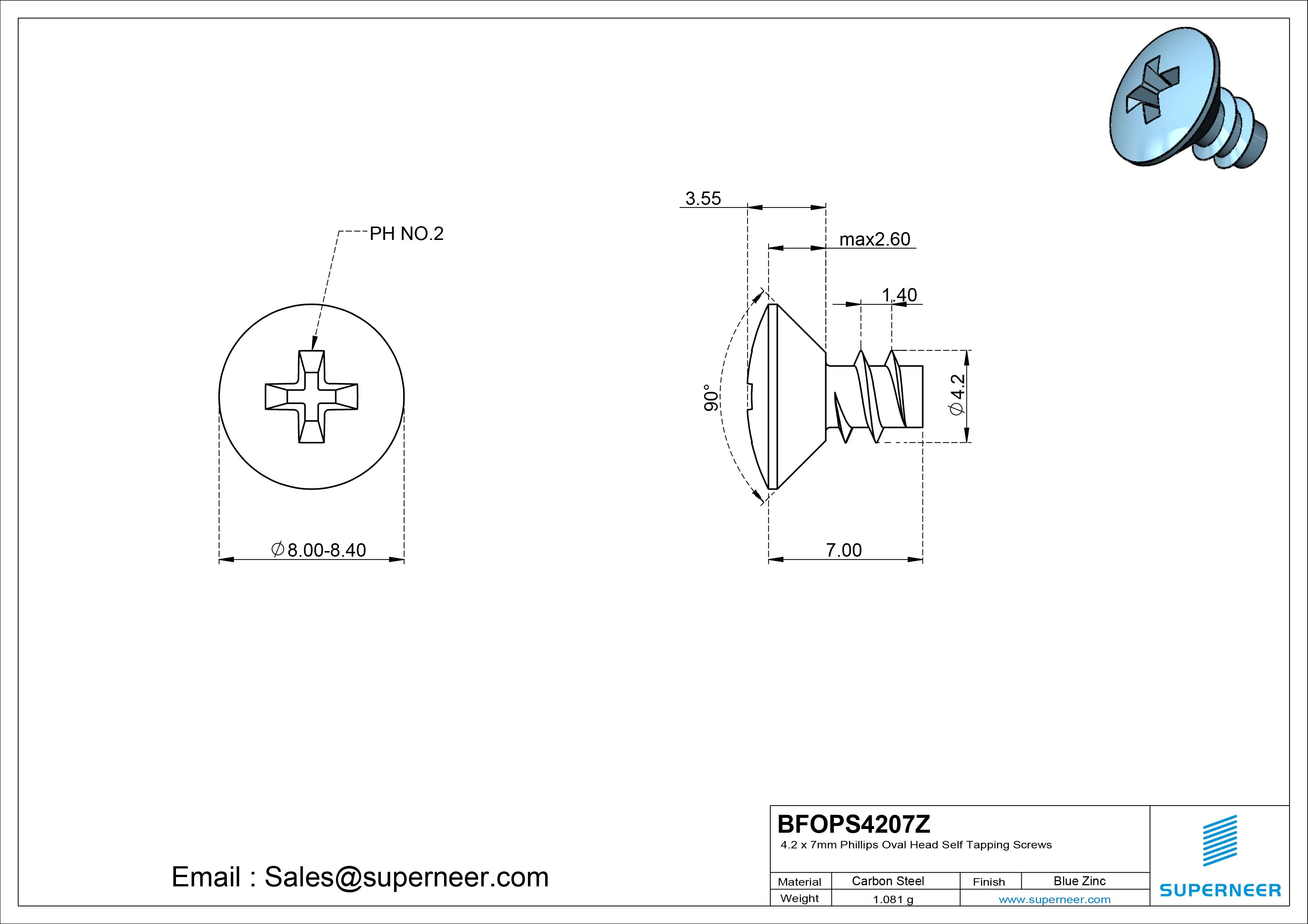 4.2 x 7mm Phillips Oval Head Self Tapping Screws Steel Blue Zinc Plated