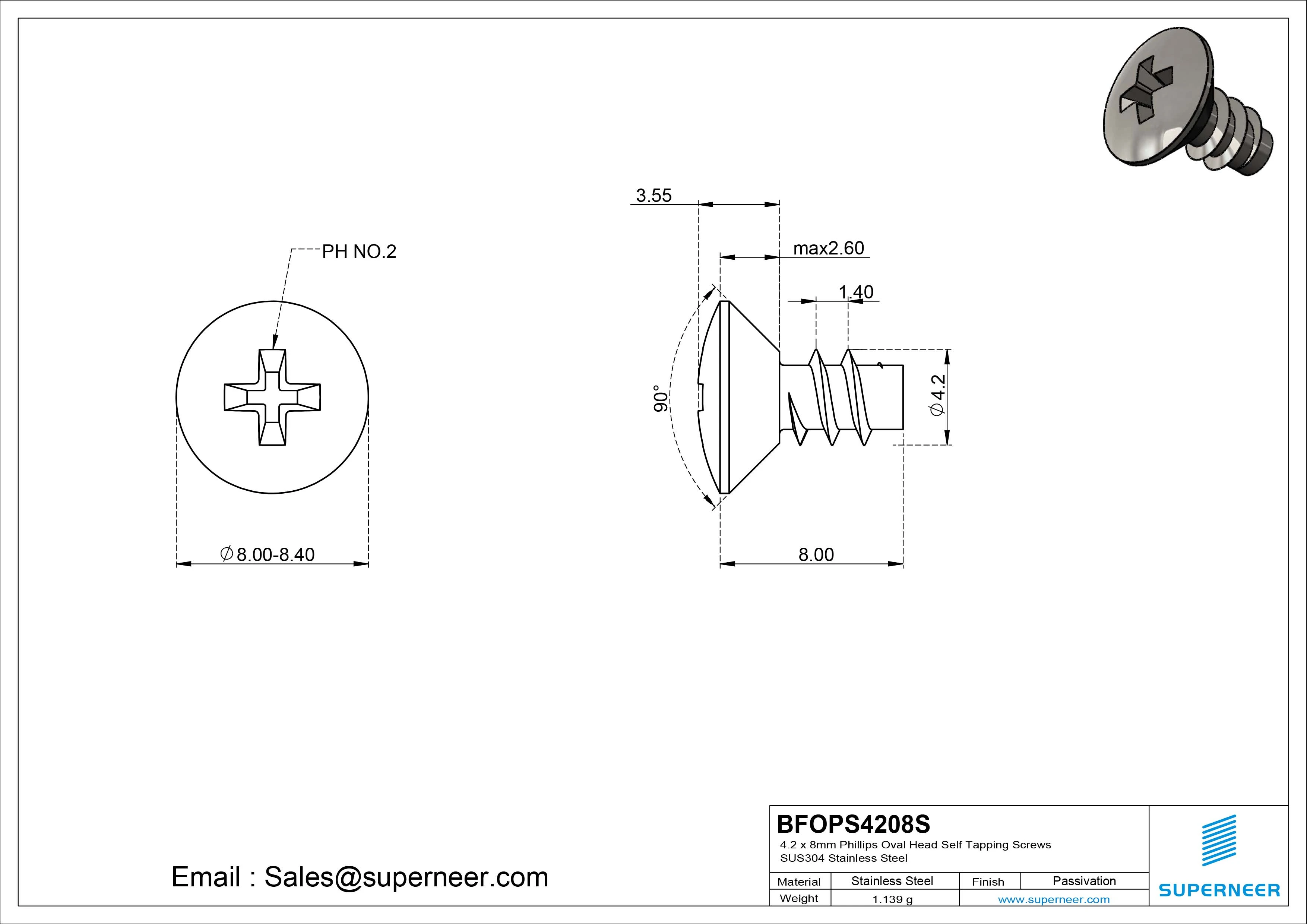 4.2 x 8mm Phillips Oval Head Self Tapping Screws SUS304 Stainless Steel Inox