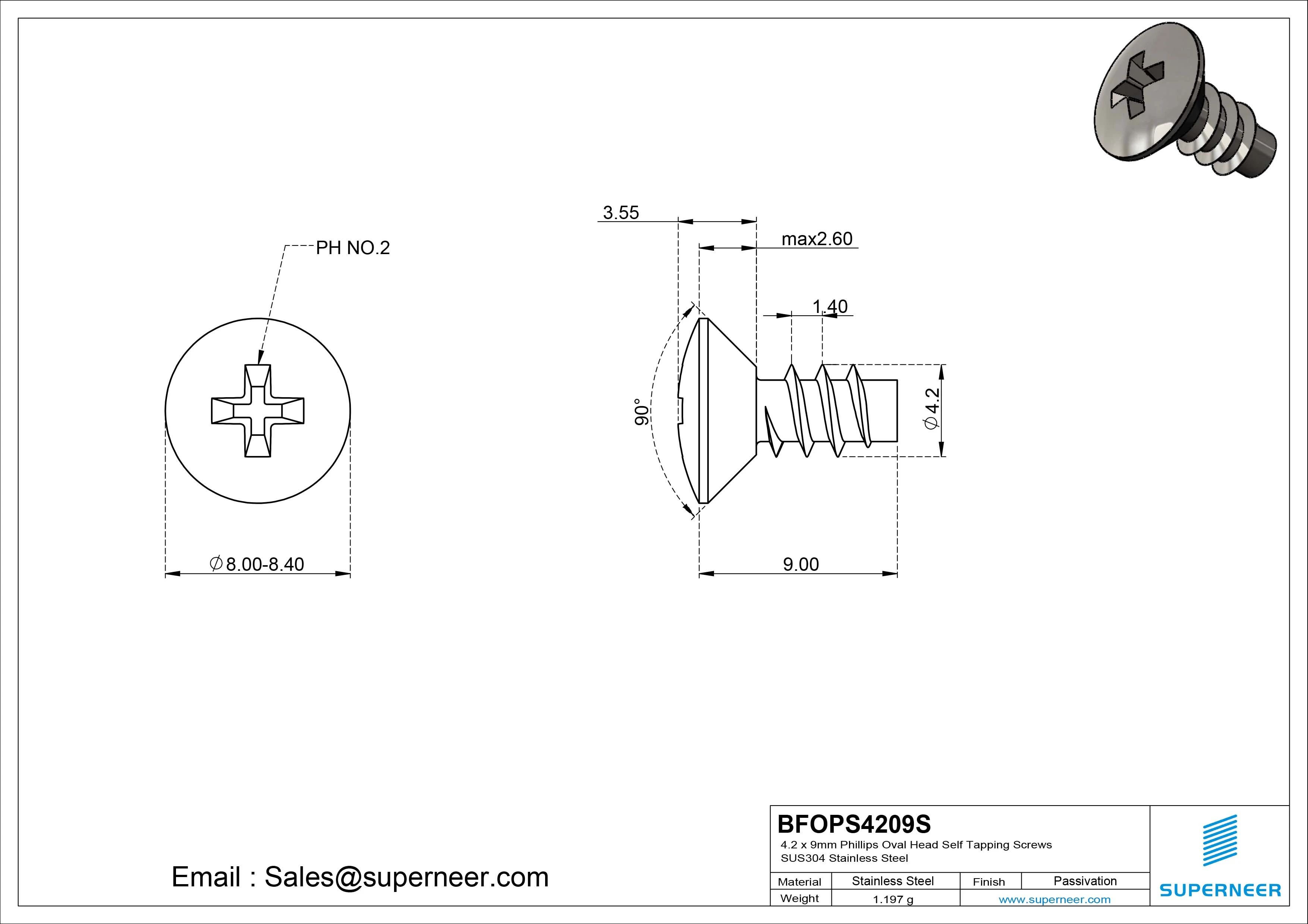 4.2 x 9mm Phillips Oval Head Self Tapping Screws SUS304 Stainless Steel Inox