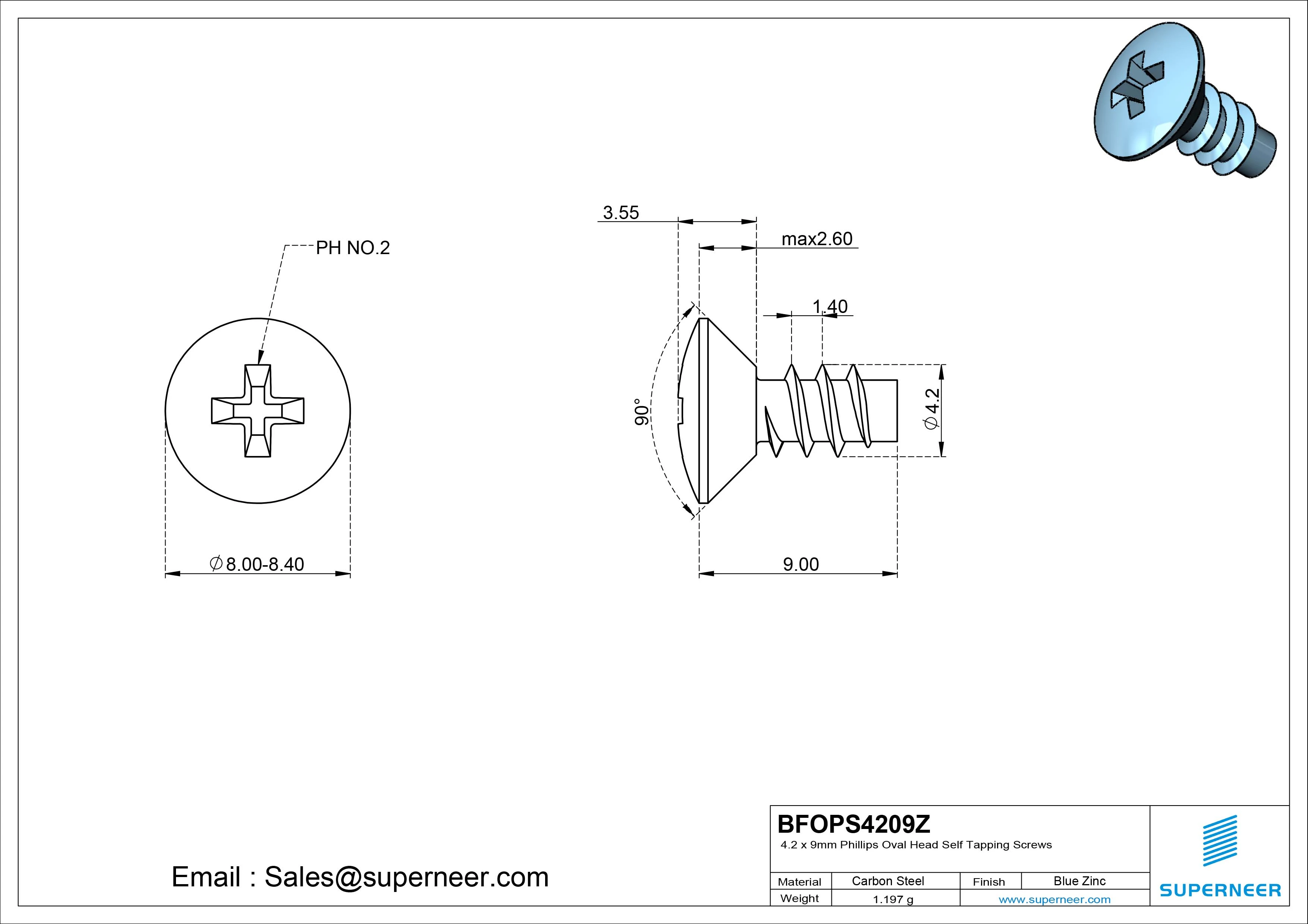 4.2 x 9mm Phillips Oval Head Self Tapping Screws Steel Blue Zinc Plated