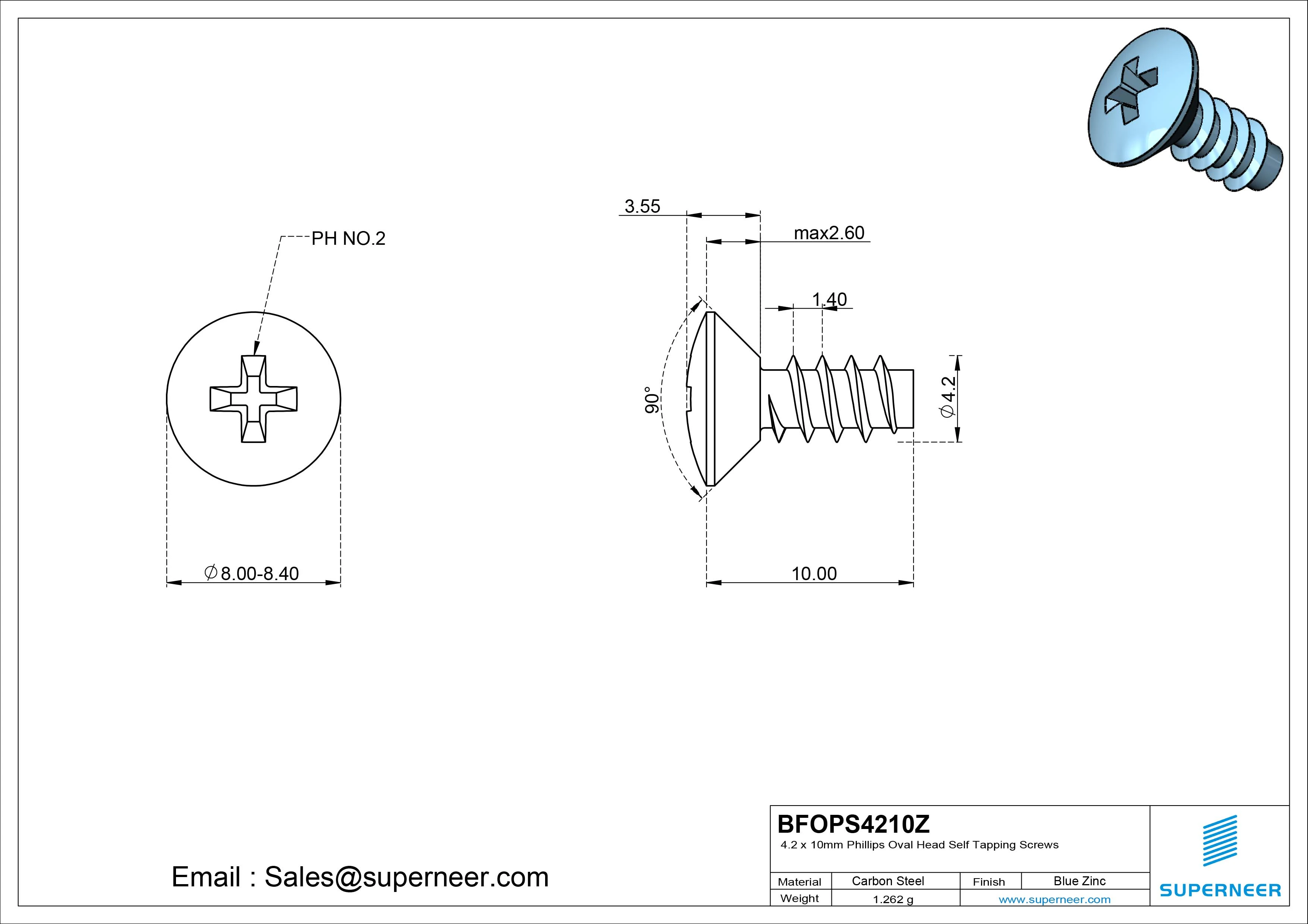 4.2 x 10mm Phillips Oval Head Self Tapping Screws Steel Blue Zinc Plated