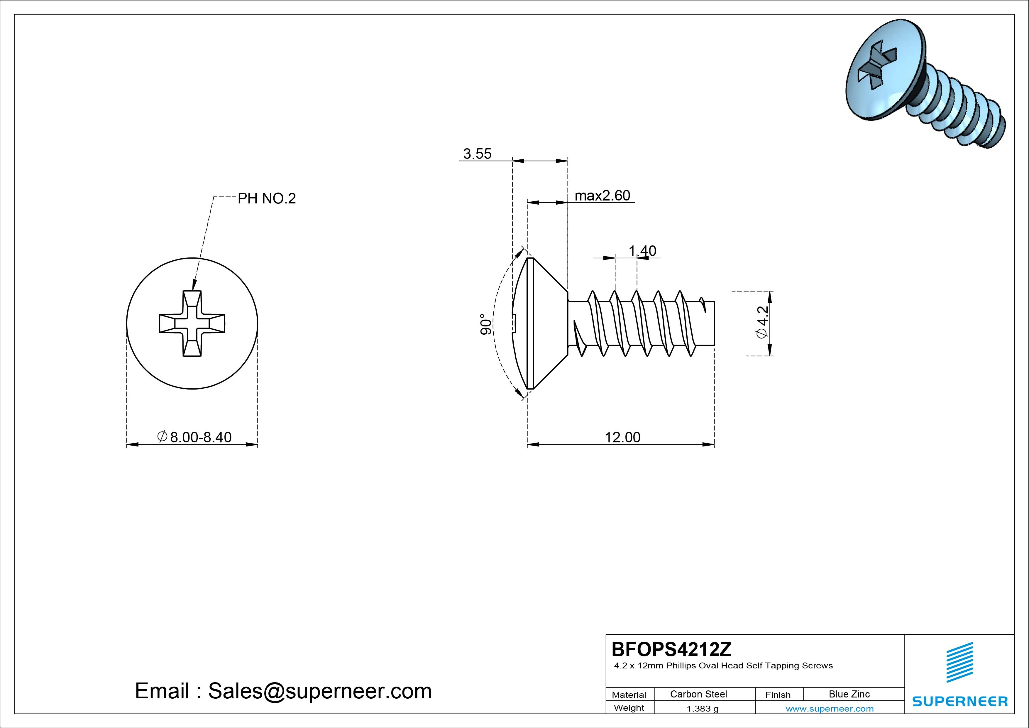 4.2 x 12mm Phillips Oval Head Self Tapping Screws Steel Blue Zinc Plated