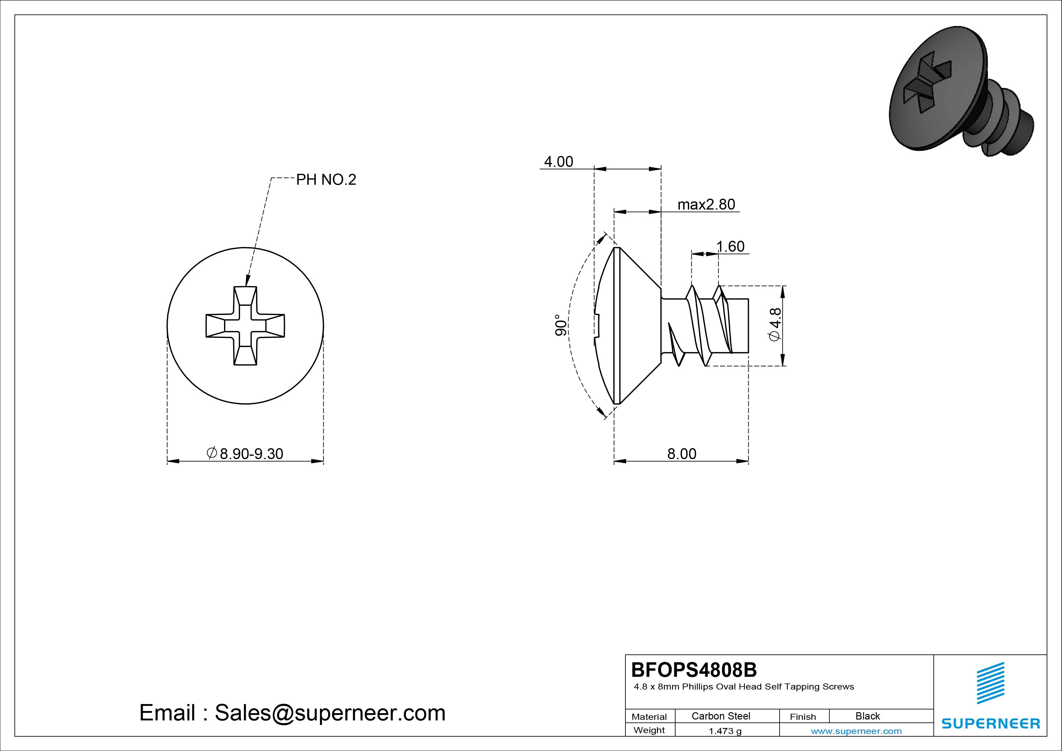 4.8 x 8mm Phillips Oval Head Self Tapping Screws Steel Black Zinc Plated