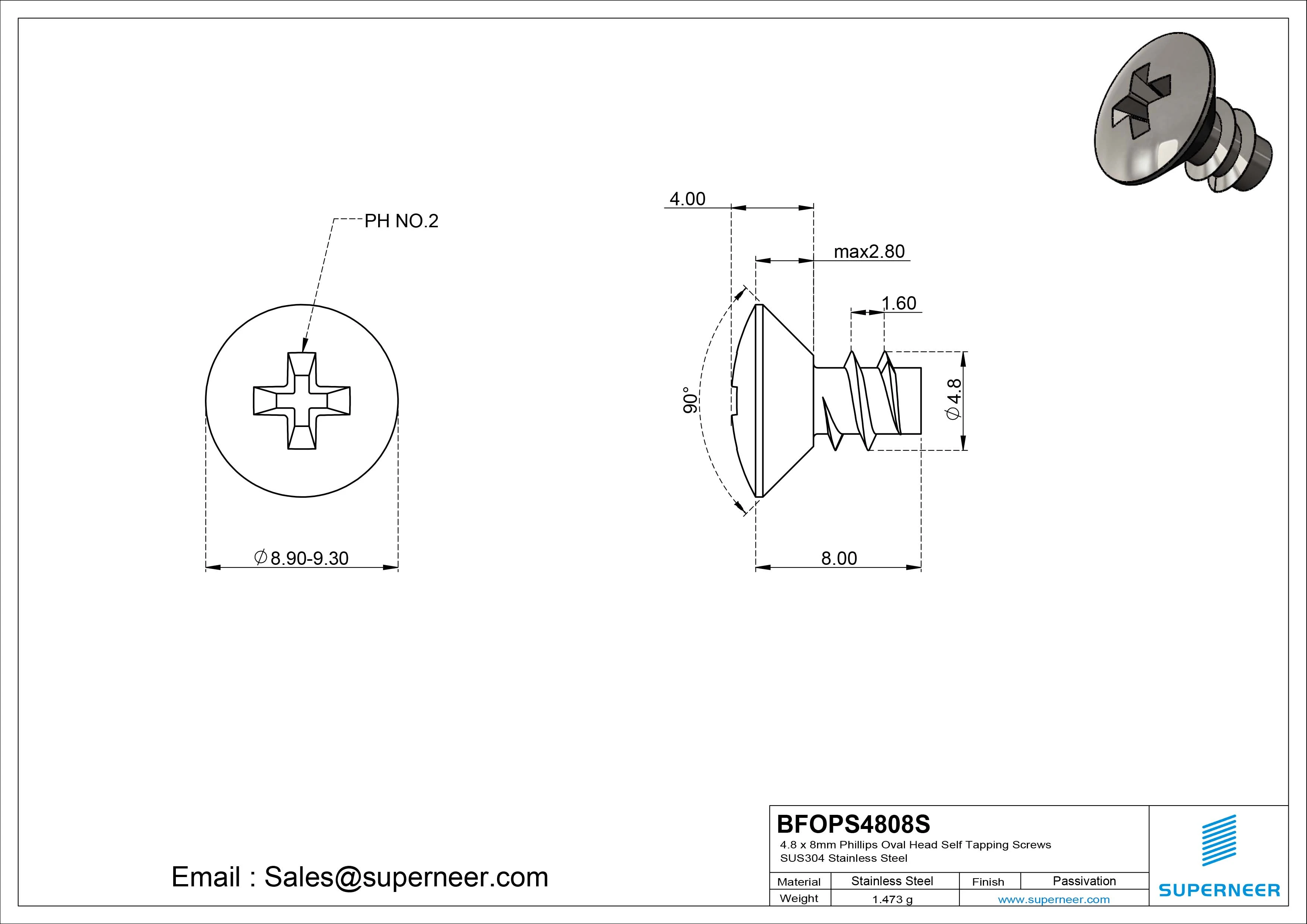 4.8 x 8mm Phillips Oval Head Self Tapping Screws SUS304 Stainless Steel Inox