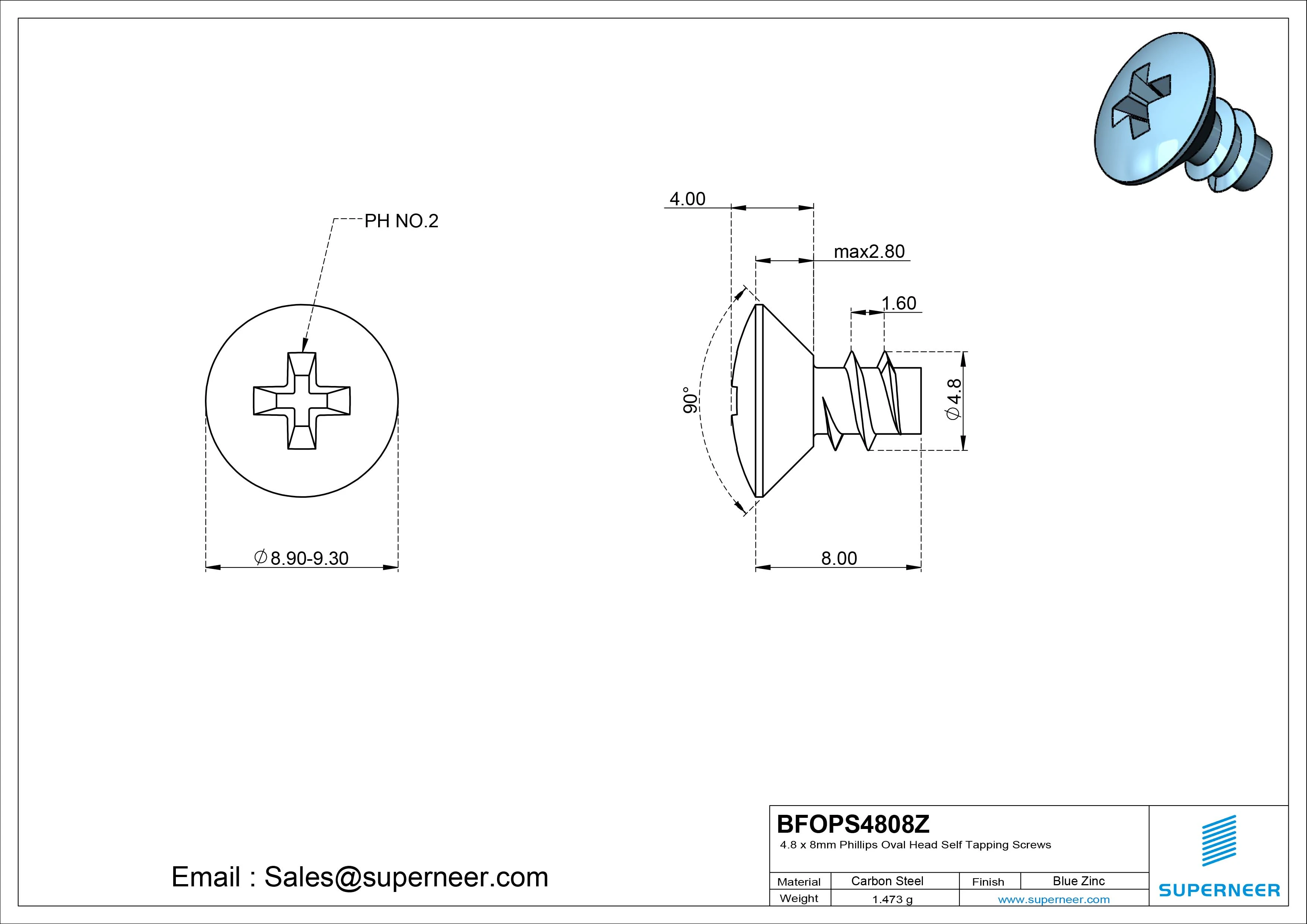 4.8 x 8mm Phillips Oval Head Self Tapping Screws Steel Blue Zinc Plated