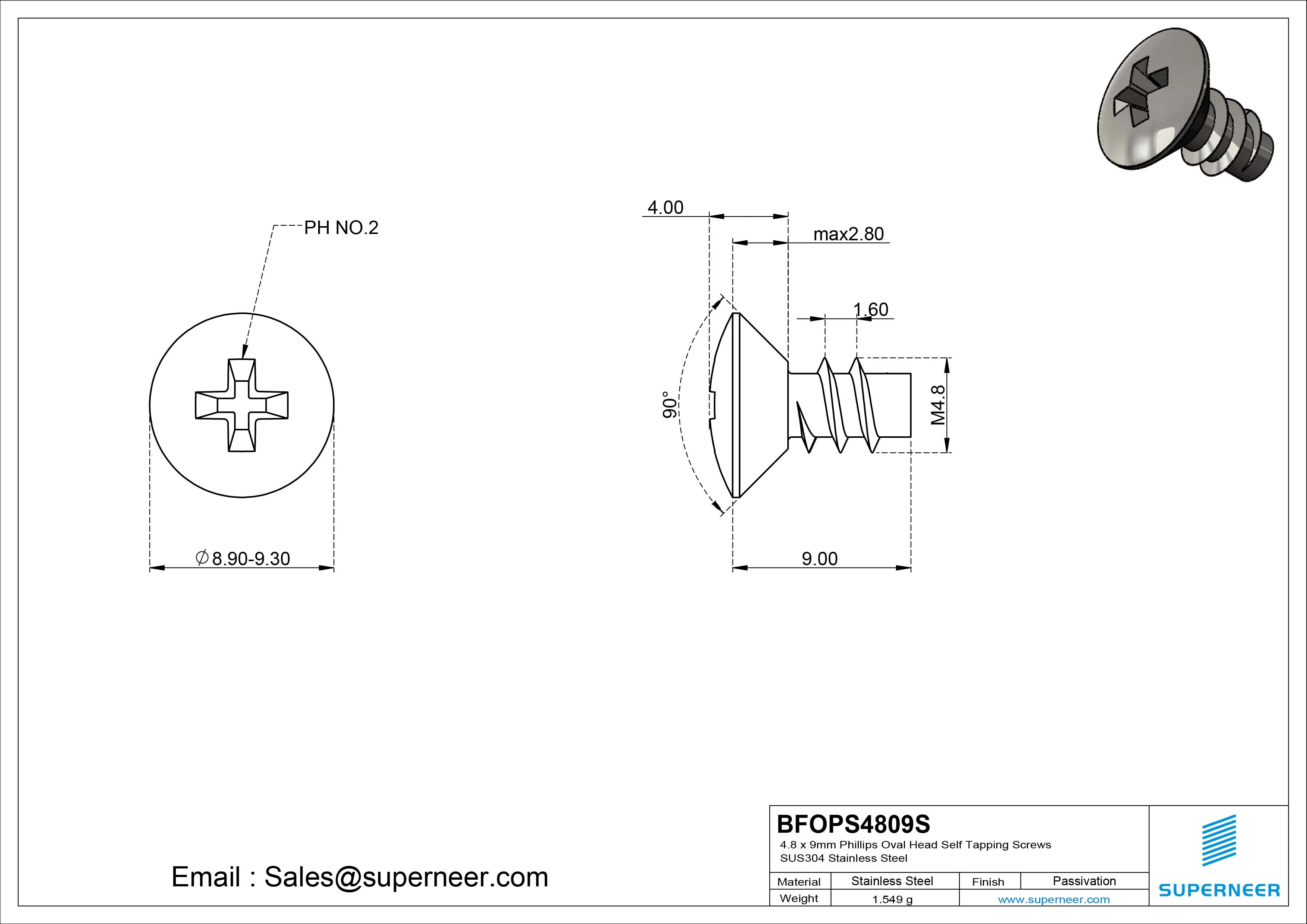 4.8 x 9mm Phillips Oval Head Self Tapping Screws SUS304 Stainless Steel Inox