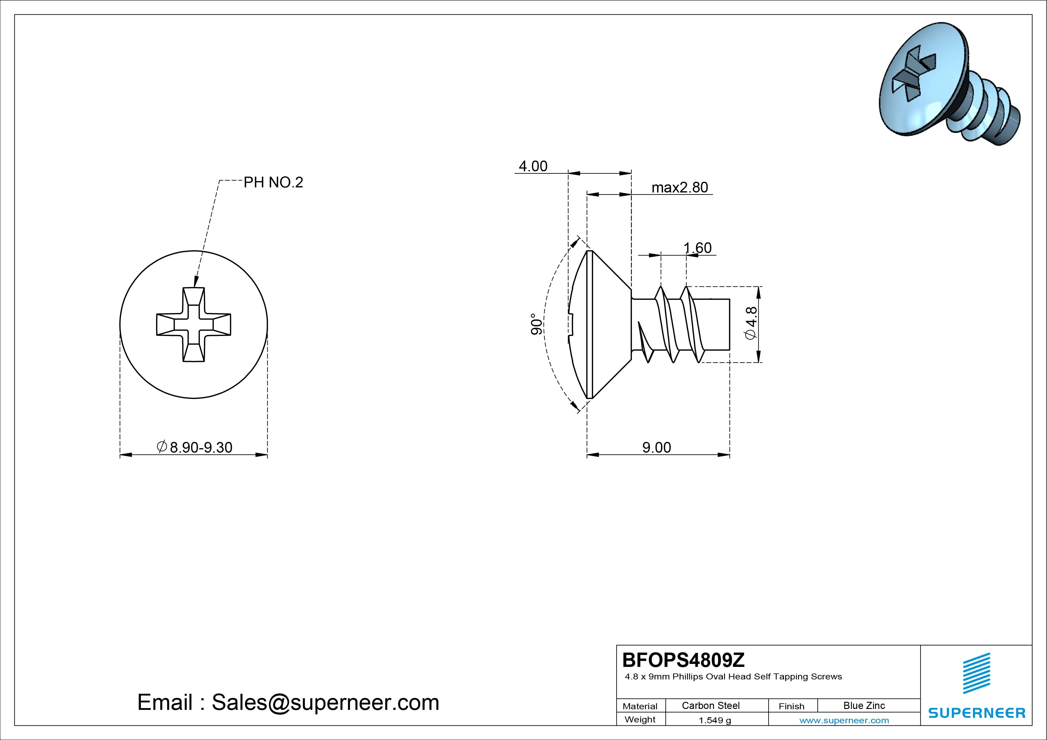 4.8 x 9mm Phillips Oval Head Self Tapping Screws Steel Blue Zinc Plated