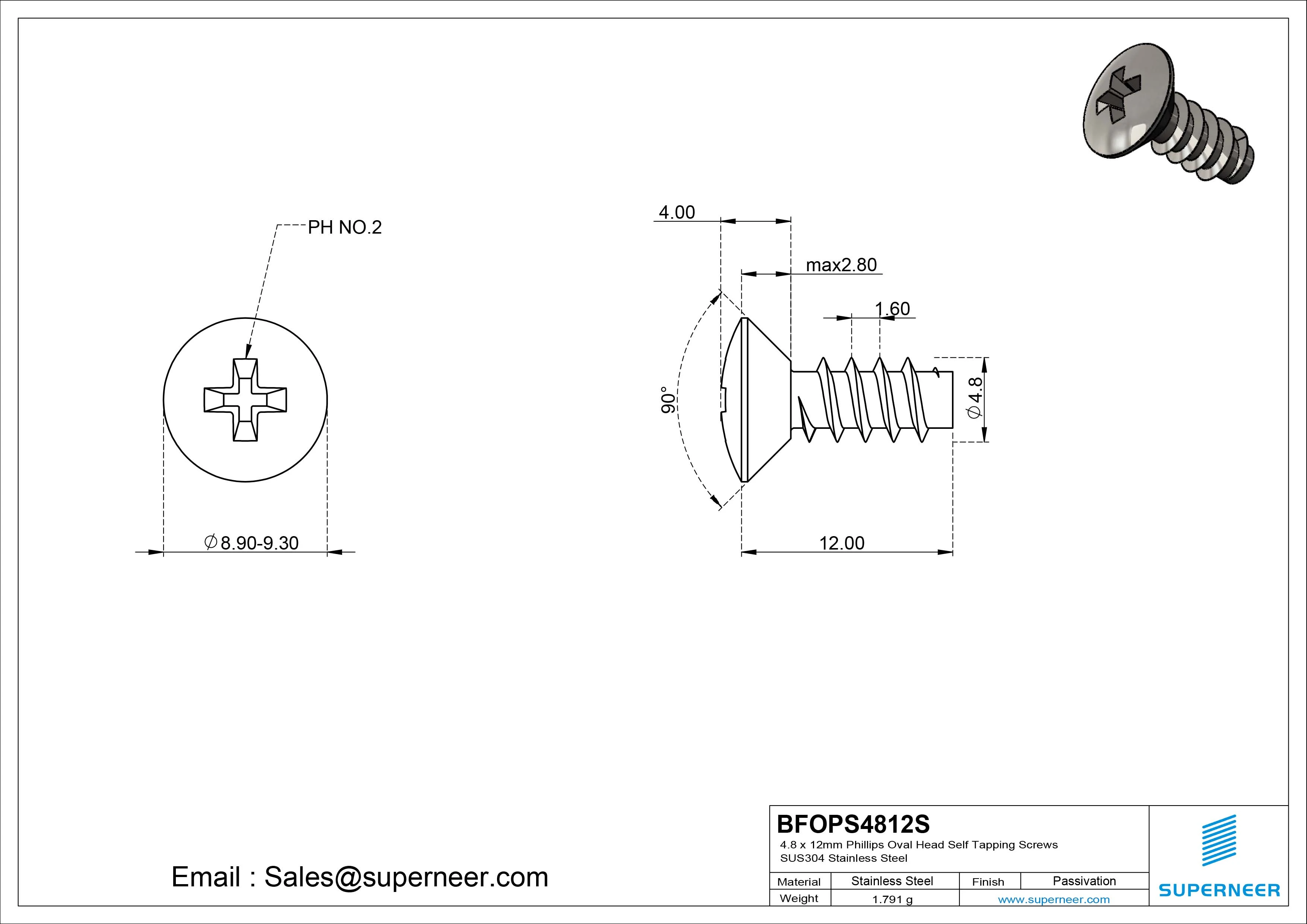 4.8 x 12mm Phillips Oval Head Self Tapping Screws SUS304 Stainless Steel Inox