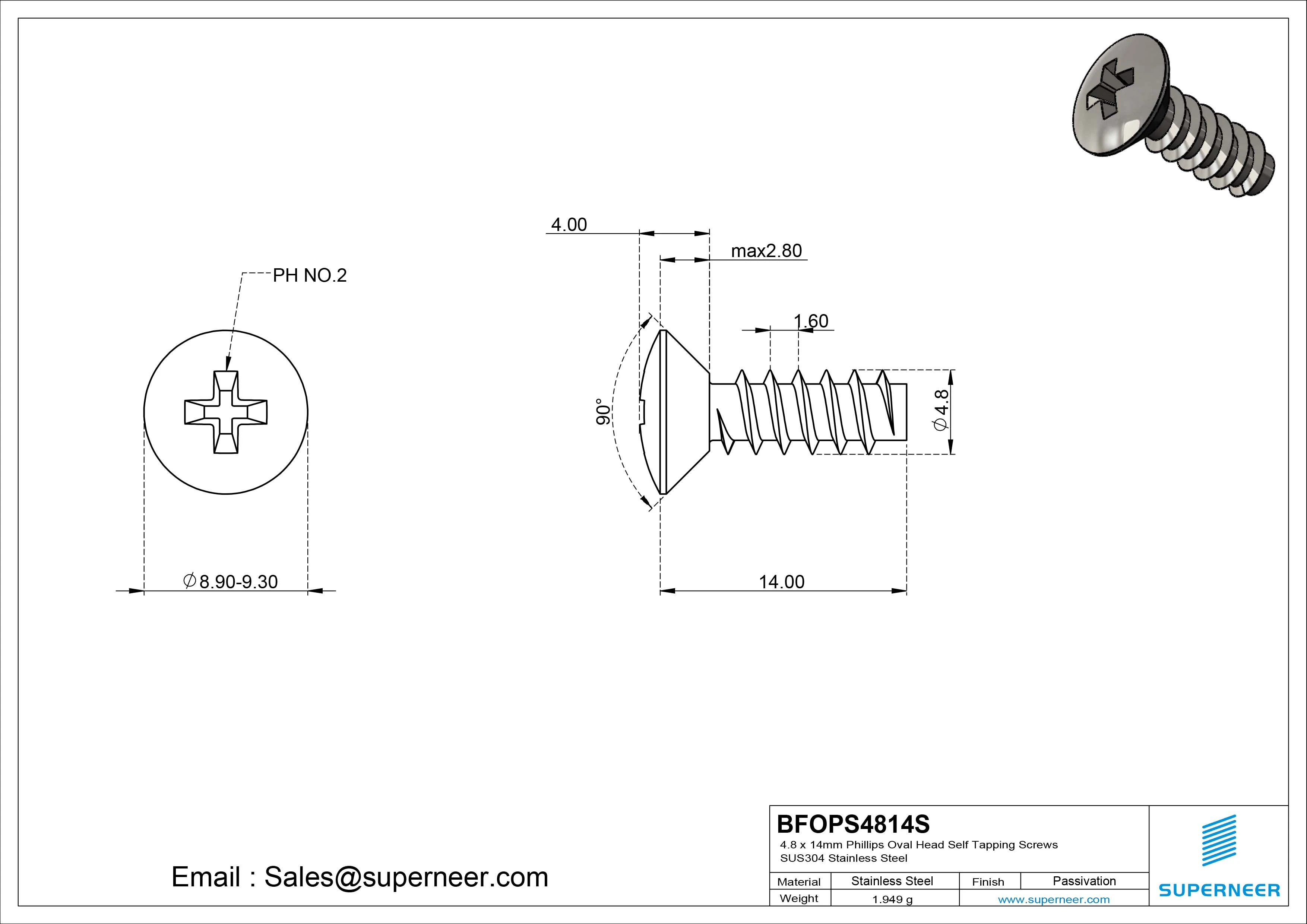 4.8 x 14mm Phillips Oval Head Self Tapping Screws SUS304 Stainless Steel Inox