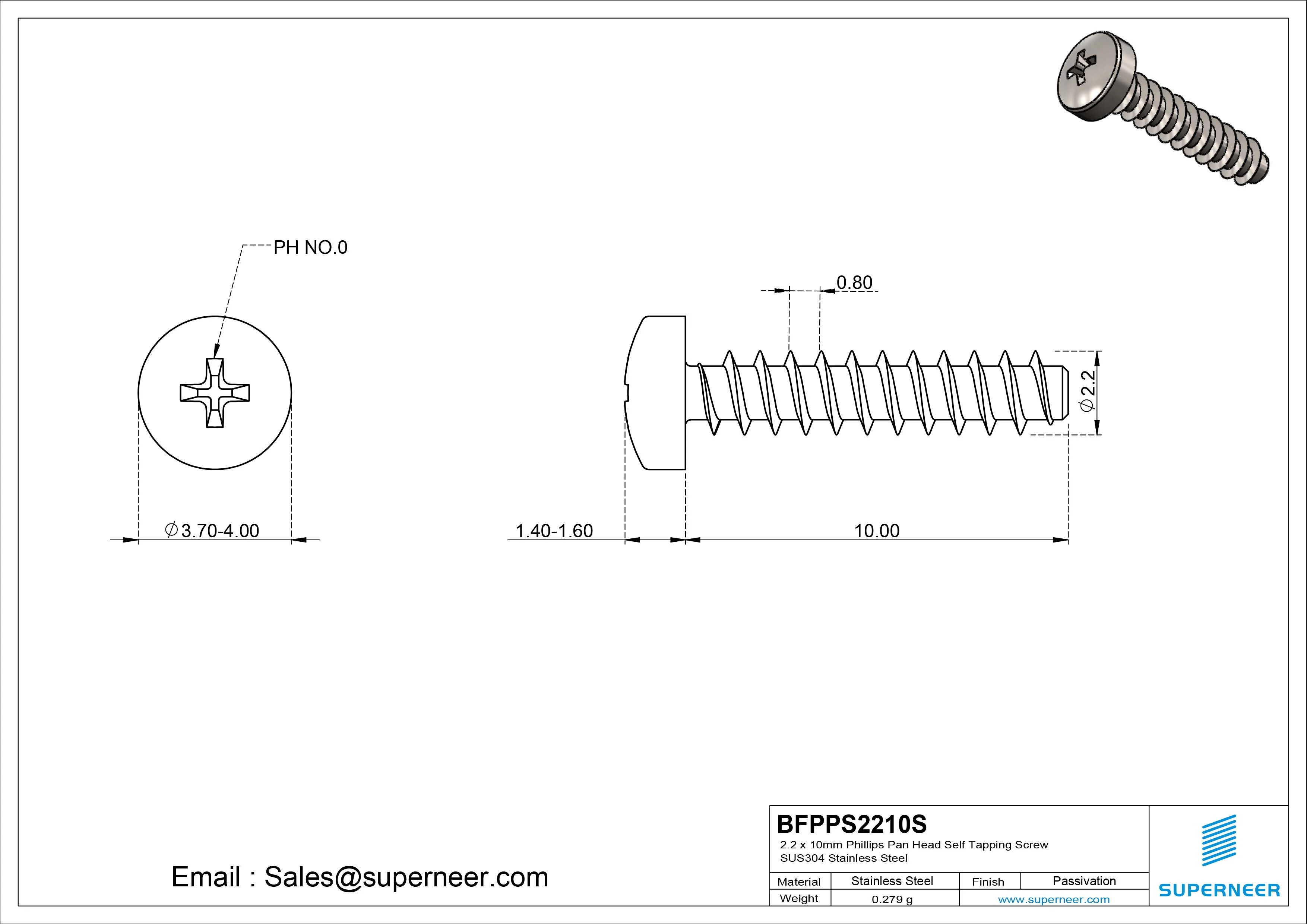 2.2 x 10mm Phillips Pan Head Self Tapping Screws SUS304 Stainless Steel