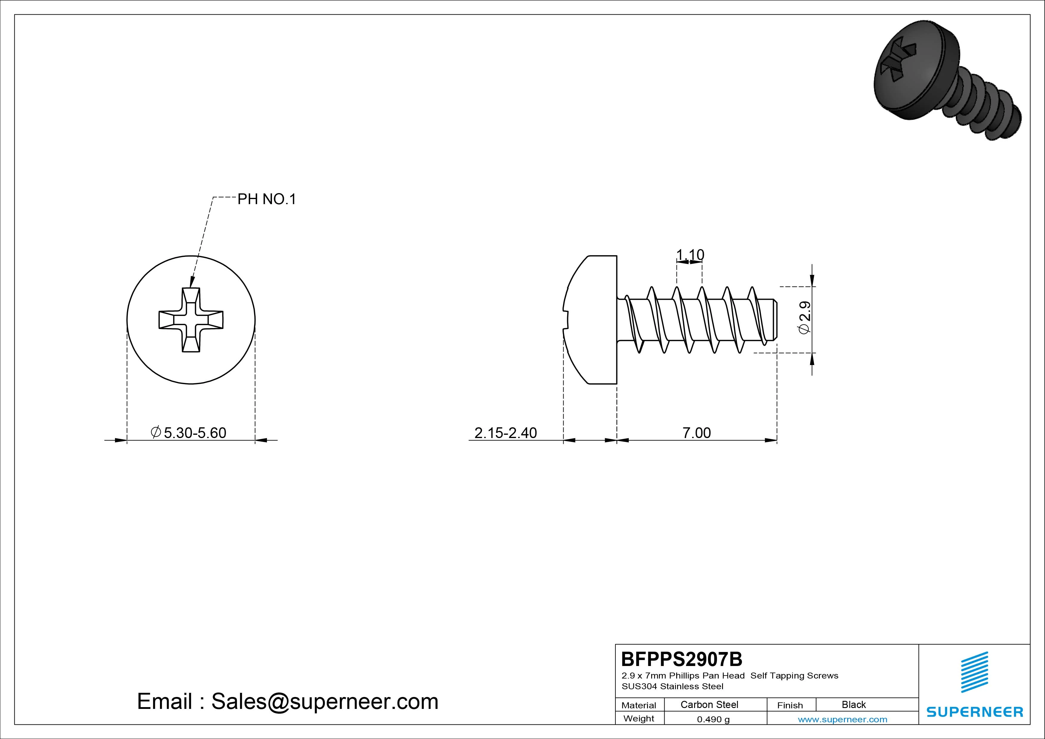 2.9 x 7mm Phillips Pan Head Self Tapping Screws Steel Black Zinc Plated