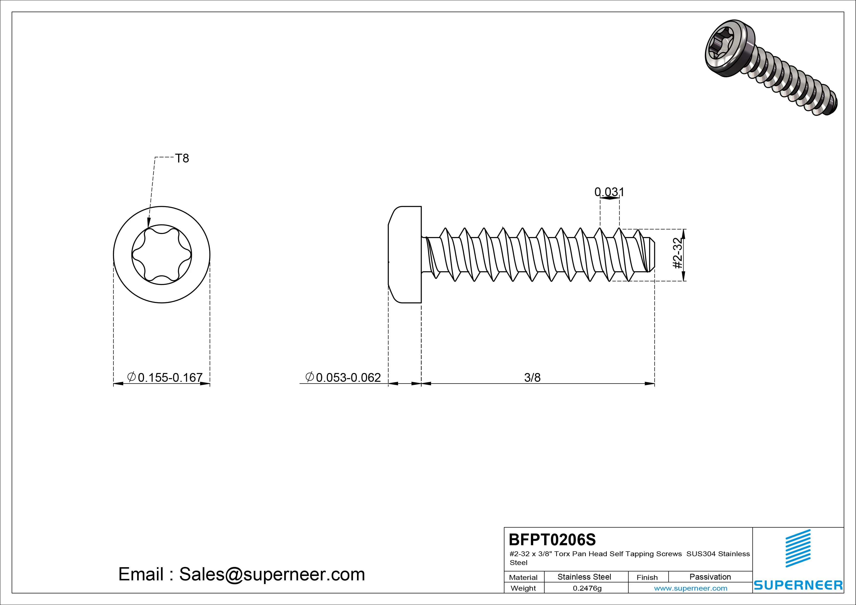 #2-32 x 3/8" Torx Pan Head Self Tapping Screws SUS304 Stainless Steel