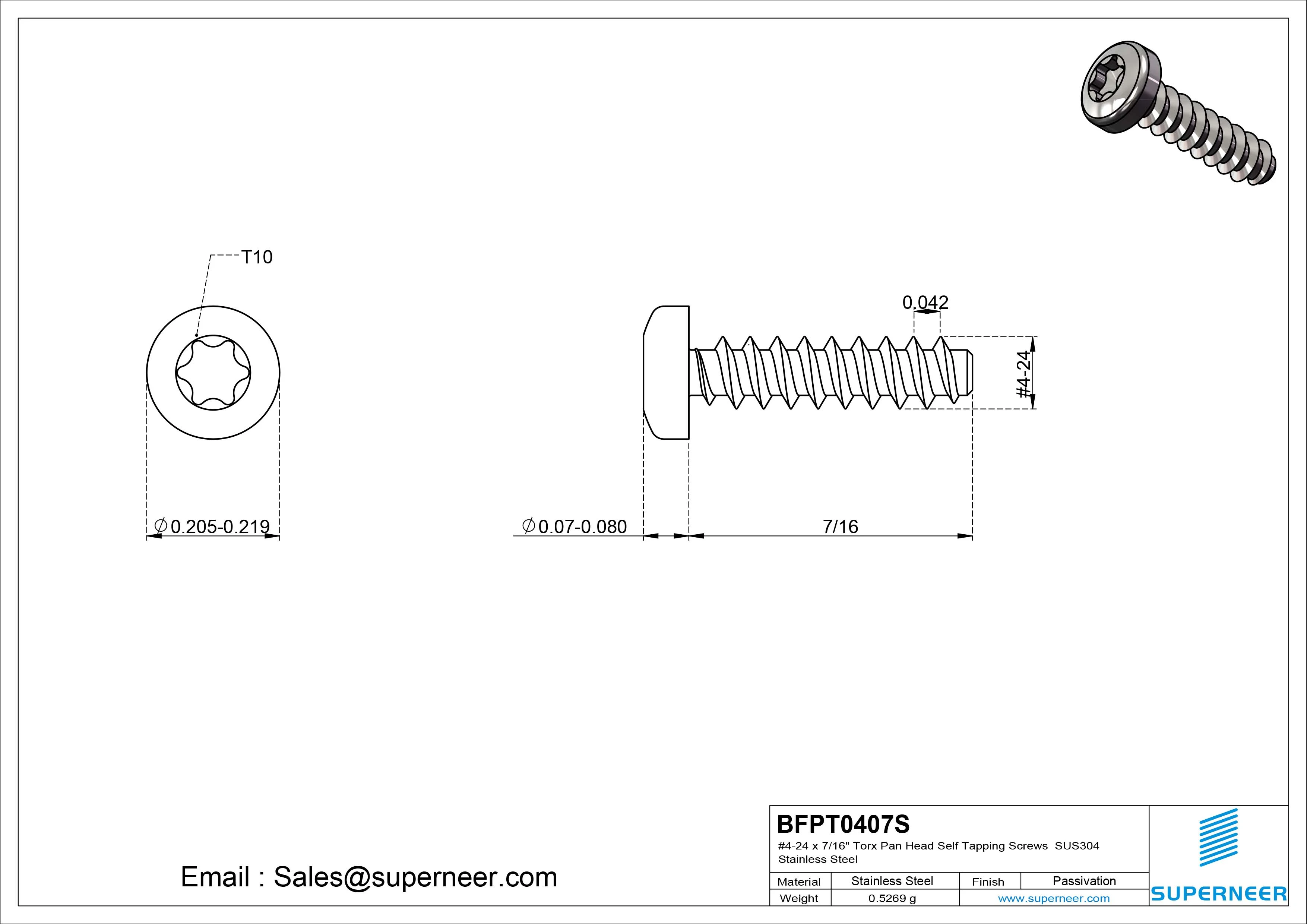 #4-24 x 7/16" Torx Pan Head Self Tapping Screws SUS304 Stainless Steel
