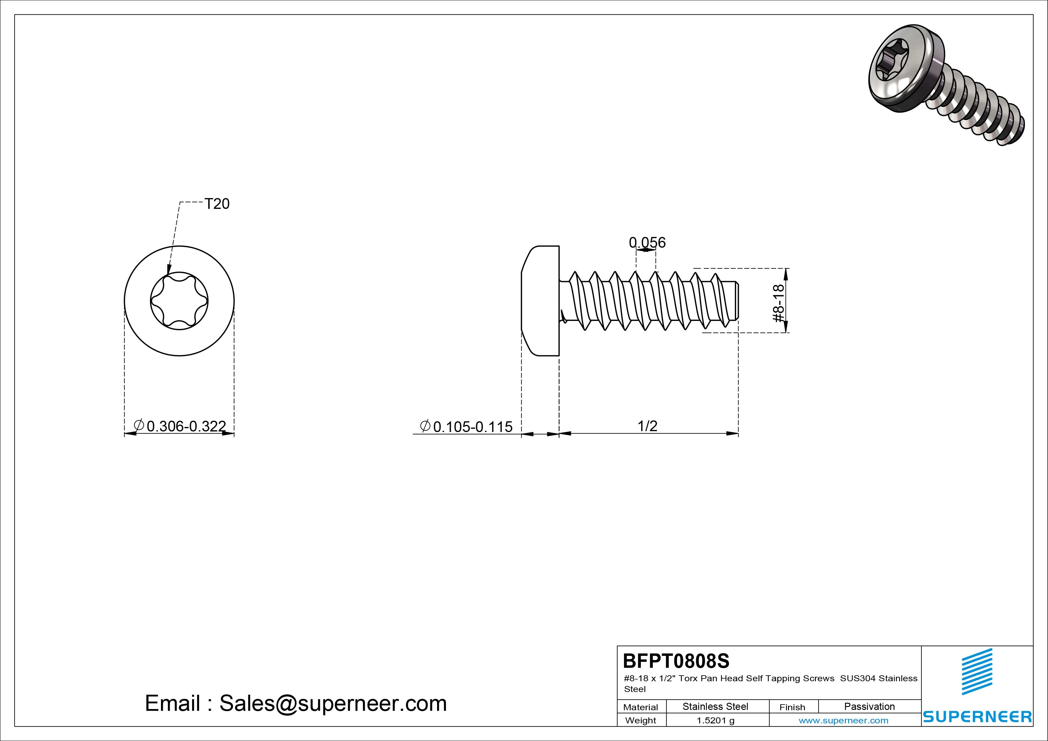 #8-18 x 1/2" Torx Pan Head Self Tapping Screws SUS304 Stainless Steel