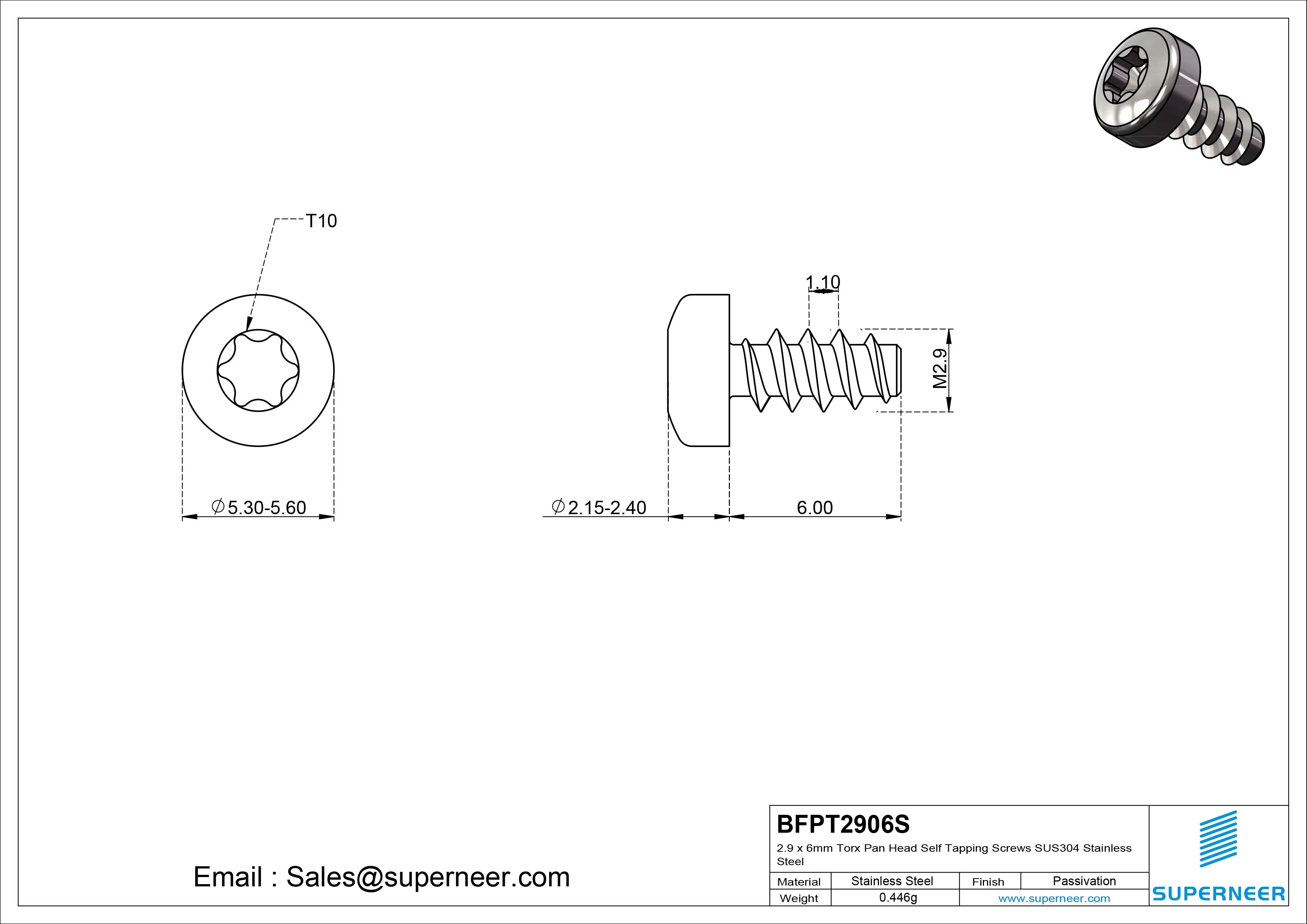 2.9 x 6mm Torx Pan Head Self Tapping Screws SUS304 Stainless Steel