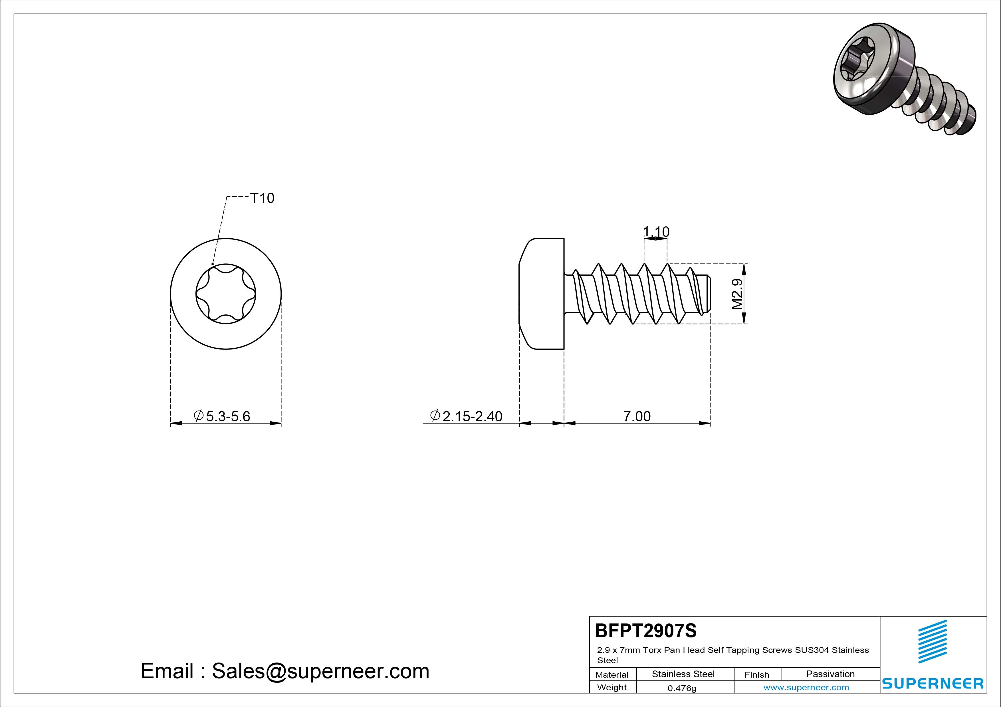 2.9 x 7mm Torx Pan Head Self Tapping Screws SUS304 Stainless Steel